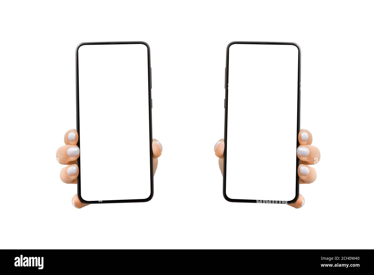 Woman's hand shows mobile smartphone with white screen in vertical