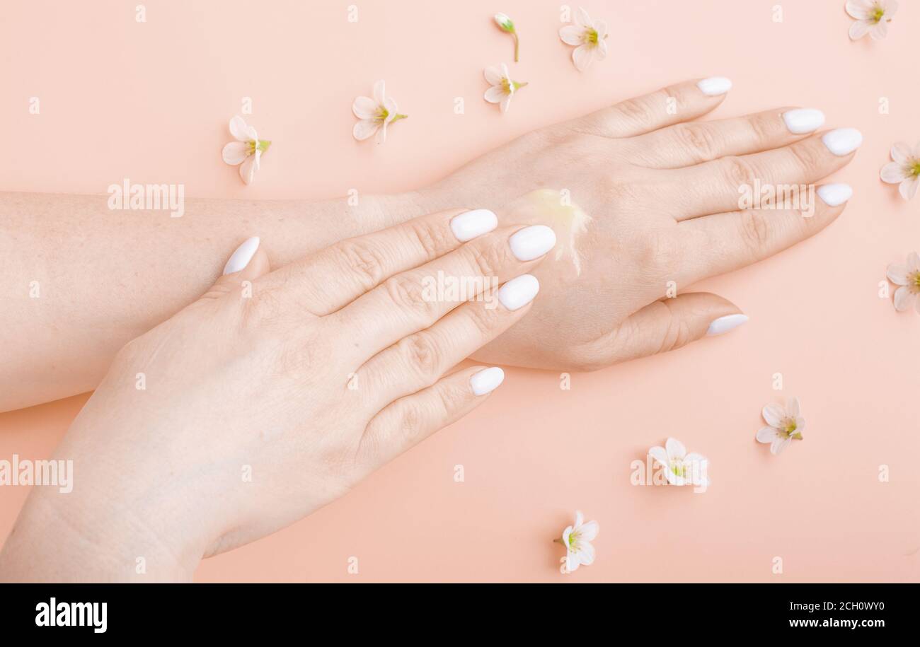 hands with cream on a pink background with white flowers close-up. middle age skin care product, beauty, hand care, spa. Stock Photo