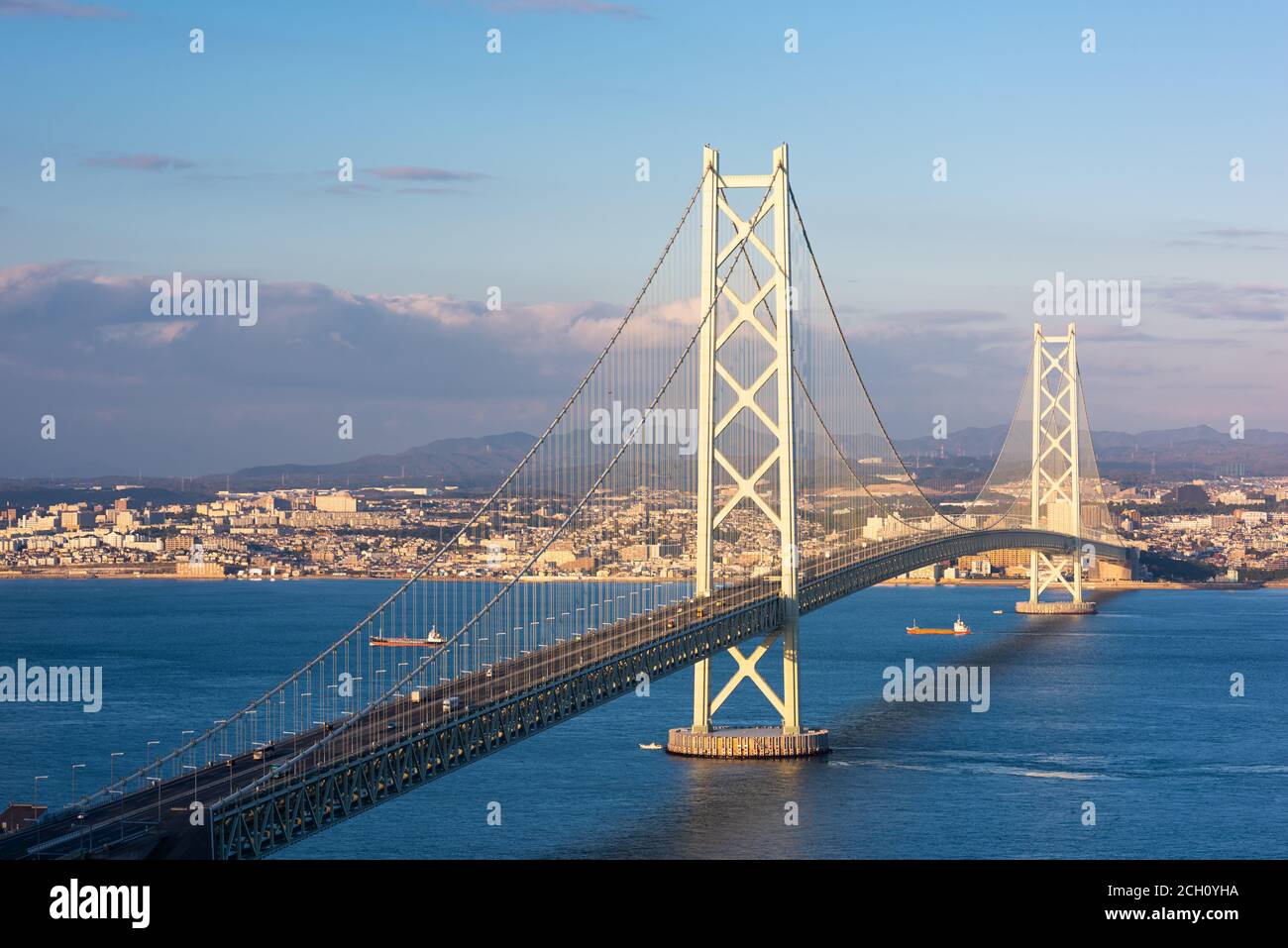 Akashi Kaikyo Bridge spanning the Seto Inland Sea from Kobe, Japan. Stock Photo