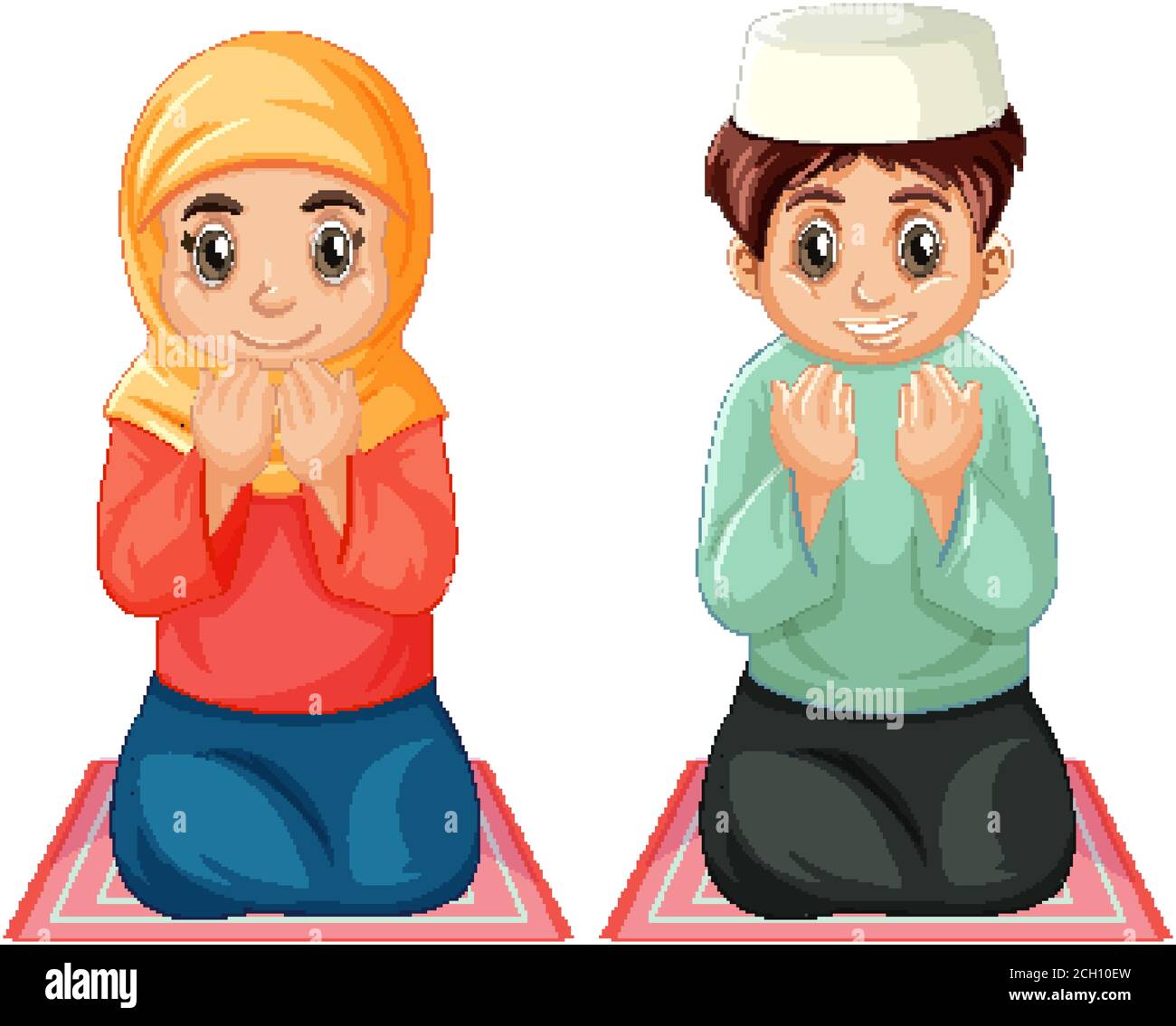 Arab muslim boy and girl in traditional clothing praying sitting position isolated on white background illustration Stock Vector