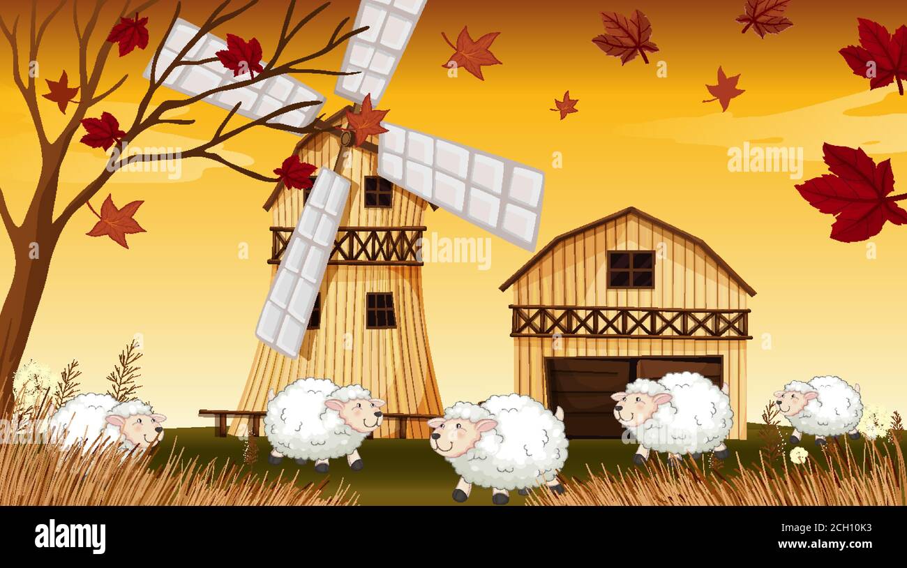Farm scene in nature with barn and windmill and sheep in autumn season ...