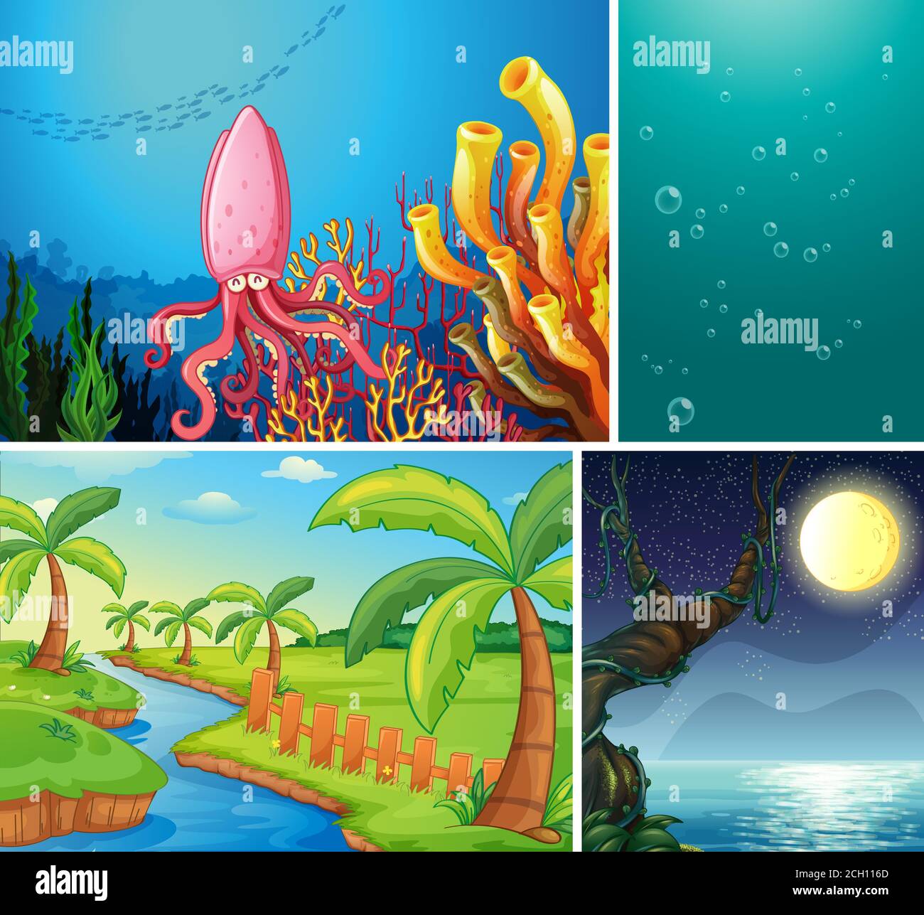 Four different scene of tropical beach and underwater with sea creater cartoon style illustration Stock Vector