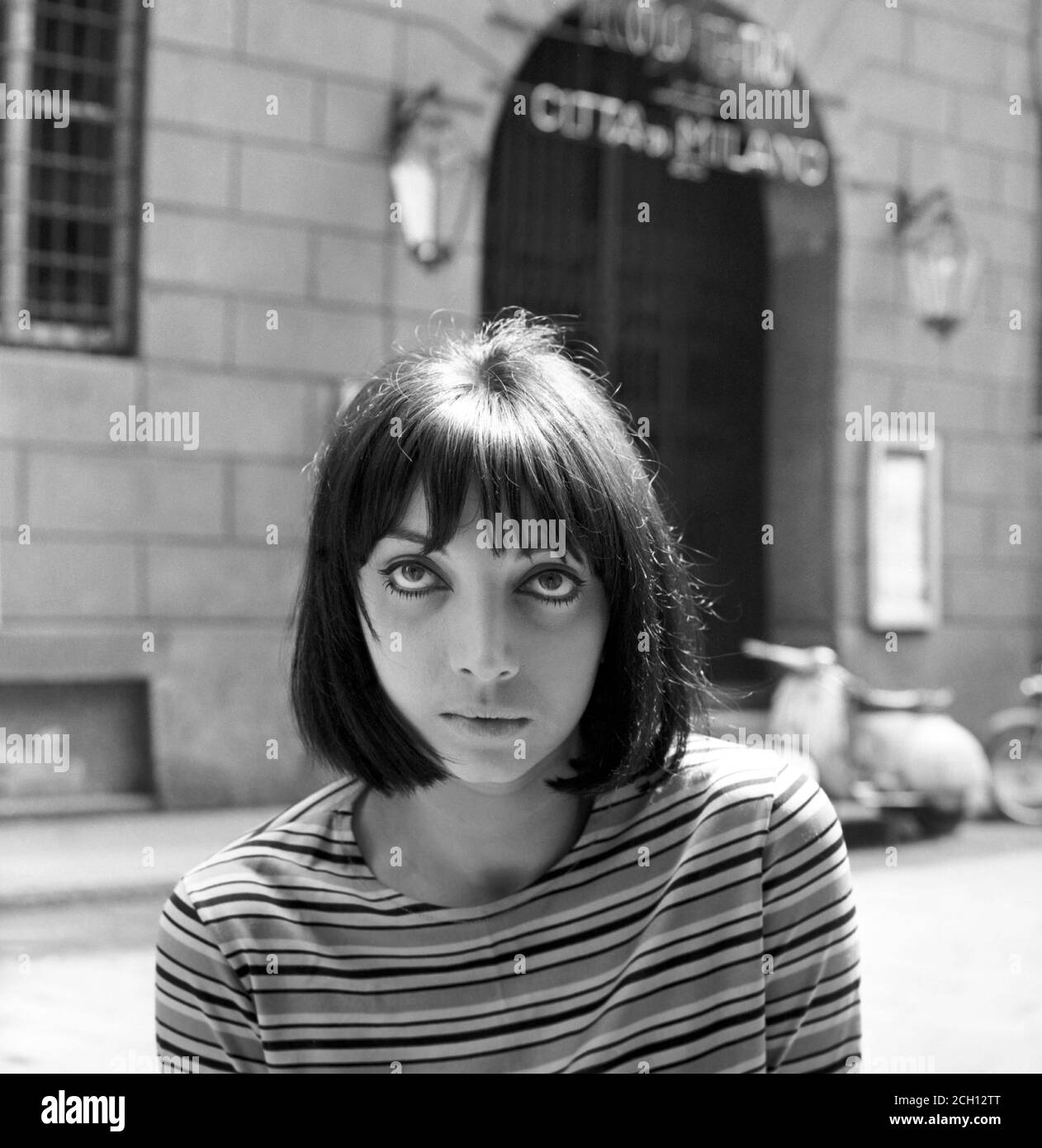 Italian actress Mariangela Melato in front of Piccolo Theater, in Milan (Italy), 24 august 1965 Stock Photo