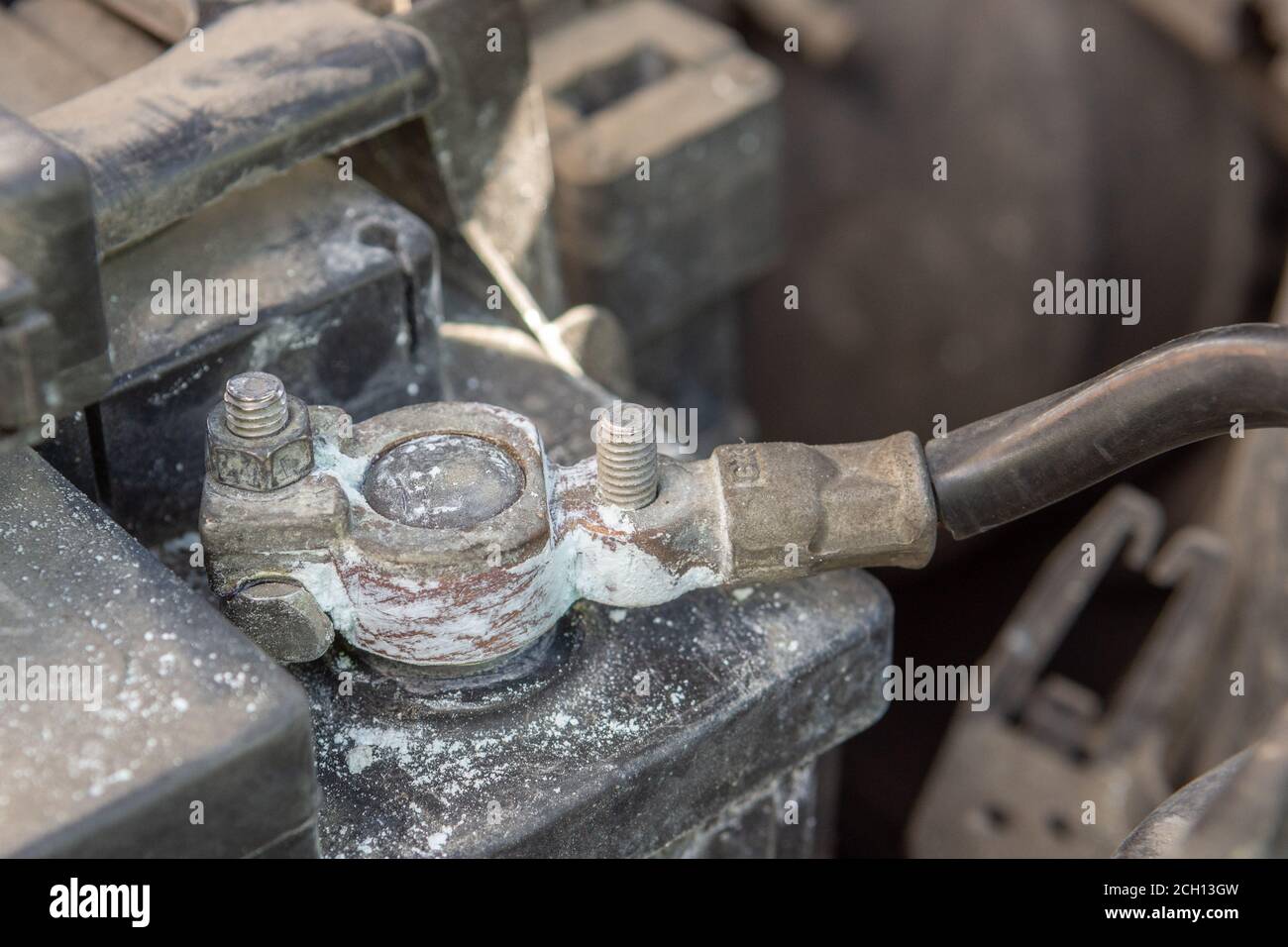 oxidized and dirty car battery terminal. car checkup repair concept