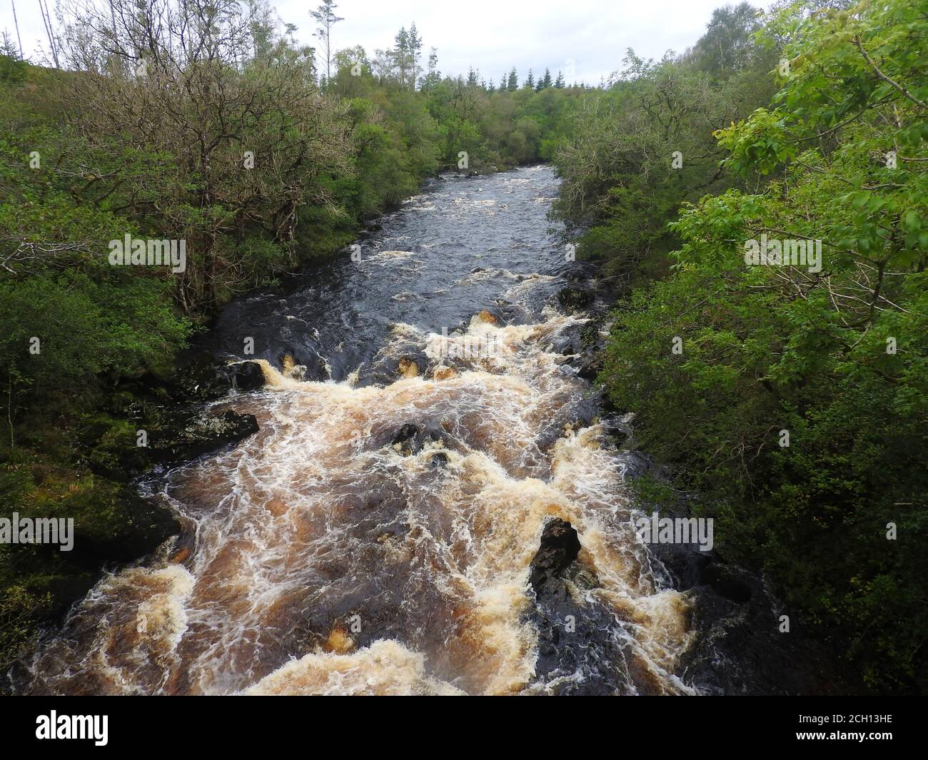 The rapids under the bridge at Glentrool Visitor's Centre, Galloway Forest Park, Scotland (September 2020). Stock Photo