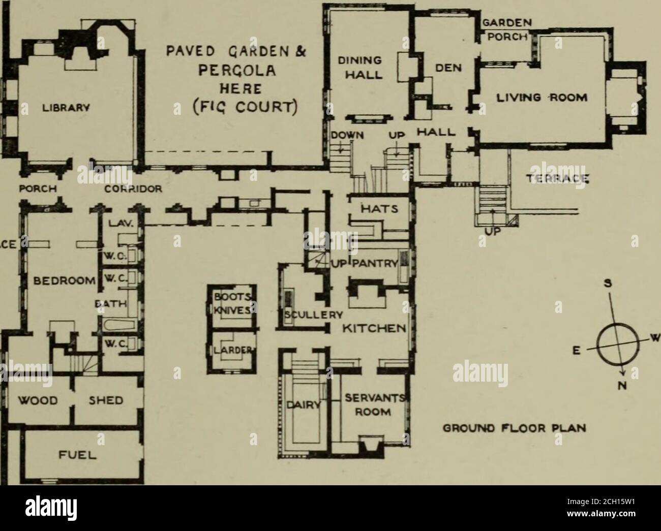 . Lutyens houses and gardens . 13.—Sir Edwins first Surrey House, Crooksbury, 1890. Brick Fireplaces 29 TERRACE. GROUND FLOOR PLAN 14.—Ground Floor Plan of Crooksbury House. Sir Edwin as to prevent him putting the garden entrance toone side (see plan Fig. 14). That position arose naturally outof the plan, but I have the feeling that if he were to face thesame problem again, he would have managed it otherwise.I return, therefore, to work which was done earlier thanthe additions to Crooksbury. Ruckmans, Oakwood Park,Surrey, was built in 1894, and is interesting as being oneof the first of the ty Stock Photo