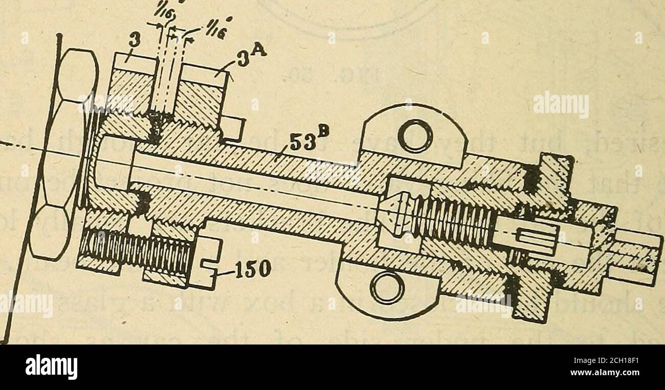 . Operation of trains and station work and telegraphy . OLD FORM.. PRESENT FORM.FIG. 51. The filling valve and cover (65) (89) are attachedby removing the cover (89) from the valve (65) andbolting valve to the bracket. This is done by openingport covers P and T, unscrewing and removing packing-nut R (but set screw B should not be unscrewed norshould valve stem nut M be loosened), screws (148) are HEATING AND LIGHTING CARS 139 taken out and No. 89 is held to the back flange of theNo. 65 valve and the threaded end of the valve is rappedon a block of wood. Stock Photo