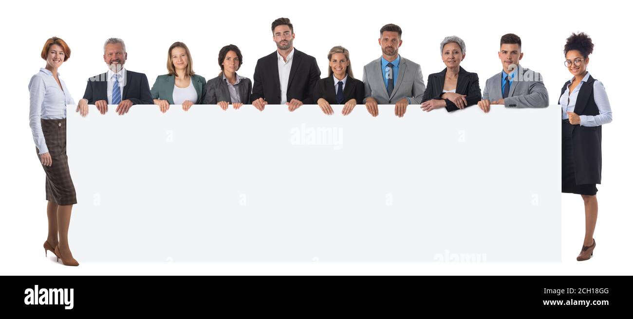 Business people group with blank banner isolated over white Stock Photo
