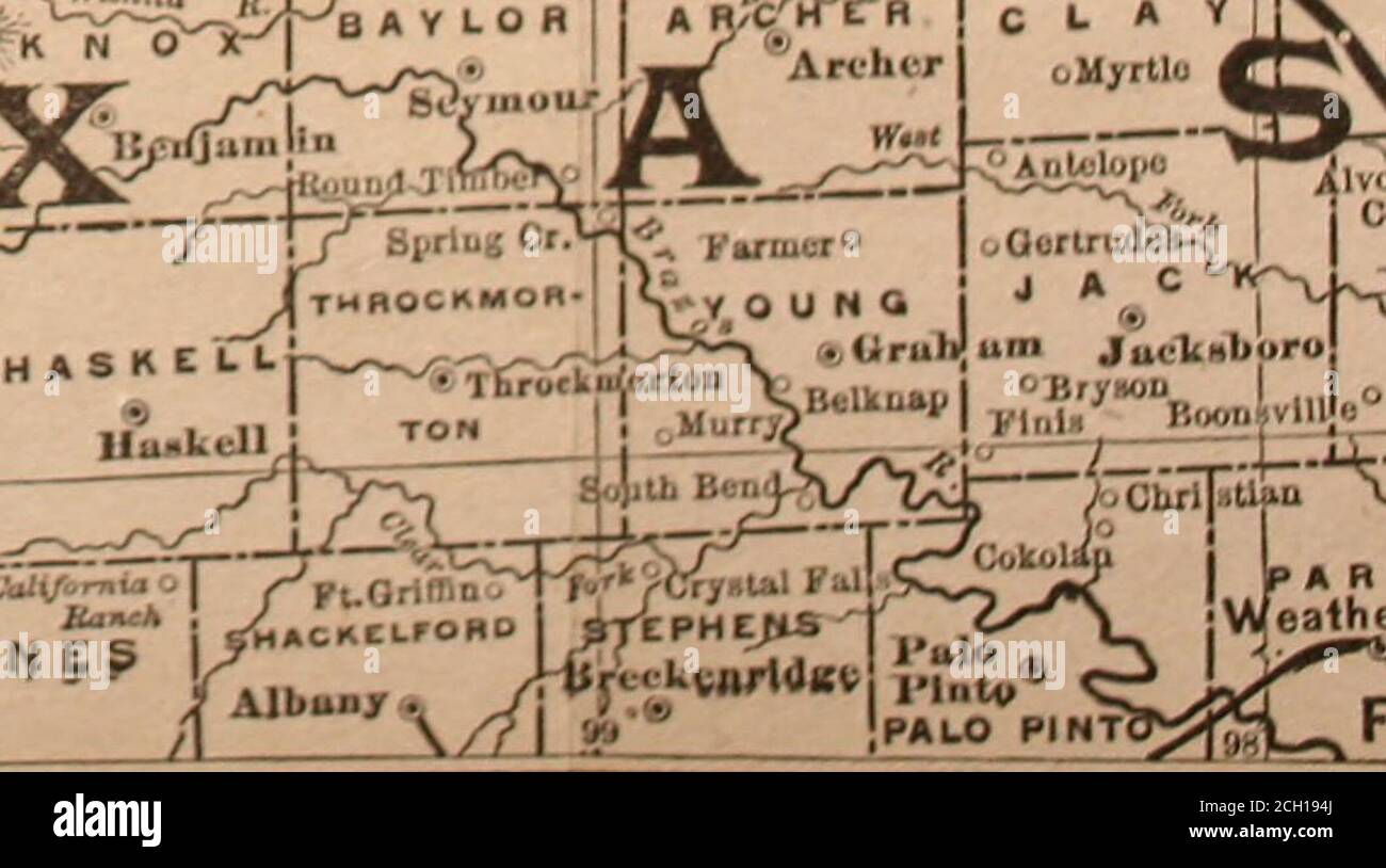 . The resources and attractions of the Texas panhandle for the home seeker, capitalist and tourist . 7/ // /, *• I *£%-3/3?-v.. t u. &gt; Map showing location of tho**»J^a. rffl){ and the TEXAS PAN-HANDLE ROUTE. Blanco CK „uNSDicke. Stock Photo