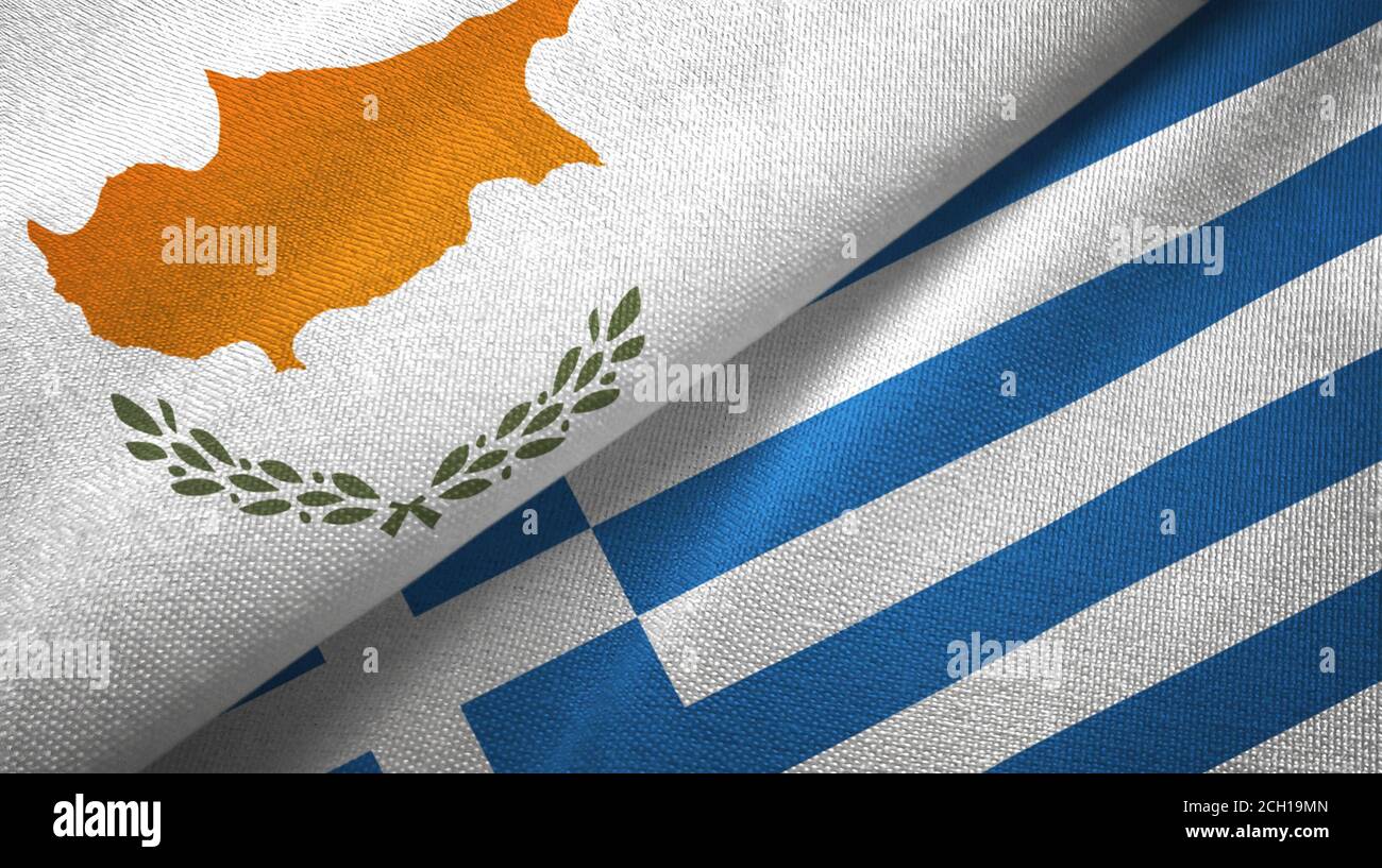 Cyprus and Greece two flags textile cloth, fabric texture Stock Photo