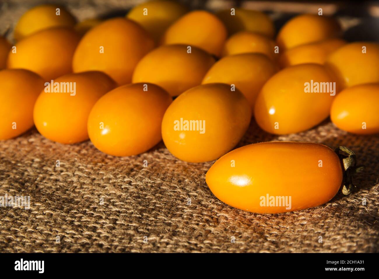 Fresh yellow tomatoes on jute canvas Stock Photo