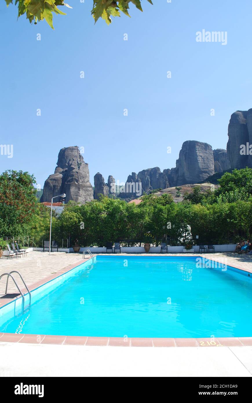 Meteora mountains from the pool of campsite, Greece, Kastraki Stock Photo