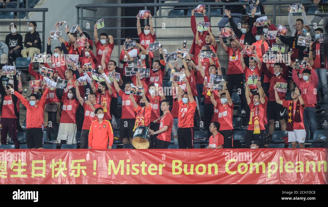 Dalian, China's Liaoning Province. 13th Sep, 2020. Fans of Guangzhou Evergrande send happy birthday wishes to Guangzhou Evergrande's head coach Fabio Cannavaro during the 11th round match between Guangzhou Evergrande and Shandong Luneng at the postponed 2020 season Chinese Football Association Super League (CSL) Dalian Division in Dalian, northeast China's Liaoning Province, Sept. 13, 2020. Credit: Pan Yulong/Xinhua/Alamy Live News Stock Photo