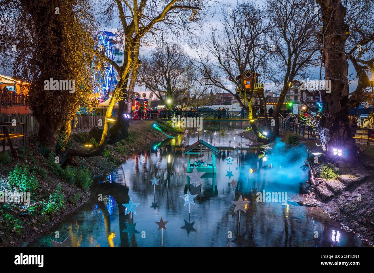 Trikala Greece, Christmas park Mill of the Elves in Trikala Stock Photo