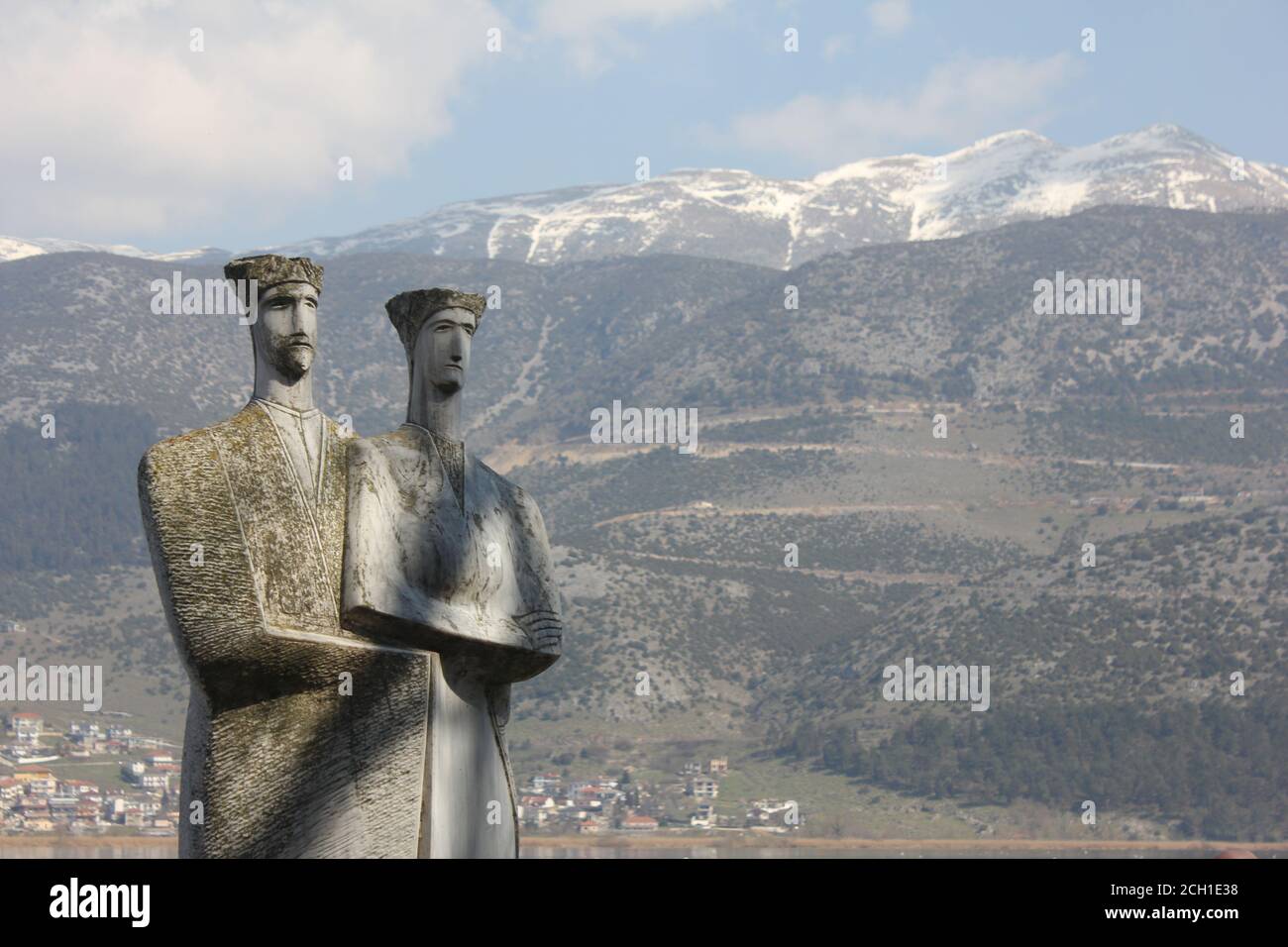 The snowy pick of Mitsikeli mountain as seen from Ioannina city , Ipirus , Greece Stock Photo