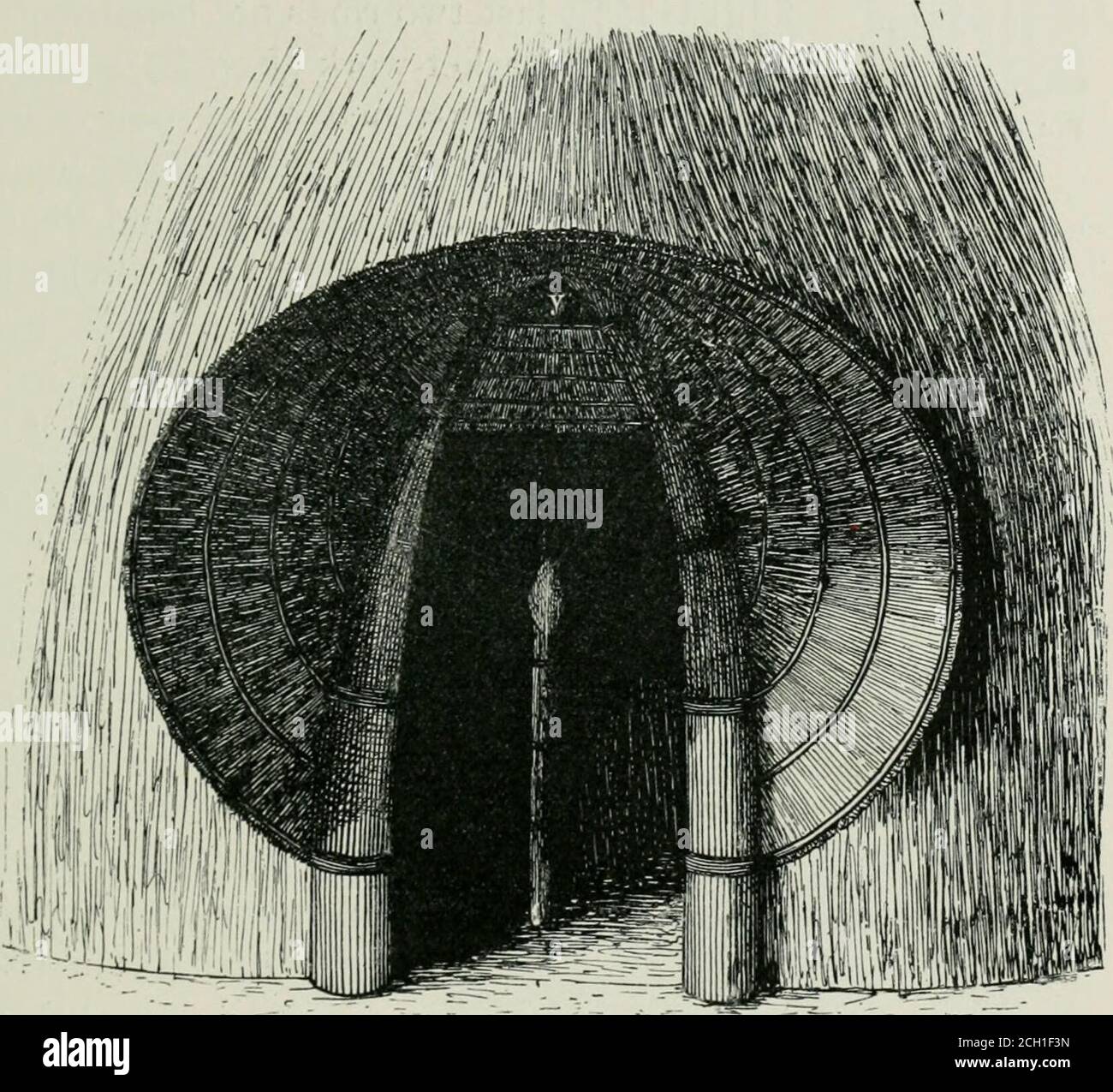 . The Victoria Nyanza; the land, the races and their customs, with specimens of some of the dialects . Fig. 89.—Reed Covering,the pinnacle, from inside KISIBA 75 the help of the accompanying sketch made on the spot, wewill examine one of these Wassiba dwellings more closely.The ground-plan is circular, 116 feet in circumference ; theheight from ground to pinnacle 16 feet. The main wallrises nearly vertically to the height of 5 feet, and thenat a gentler slope to the top (Figs. 86 and &j). Theconstruction of the framework of the hut, so far as the. Fig. 90.—Entrance to the Hut.y, arched opening Stock Photo