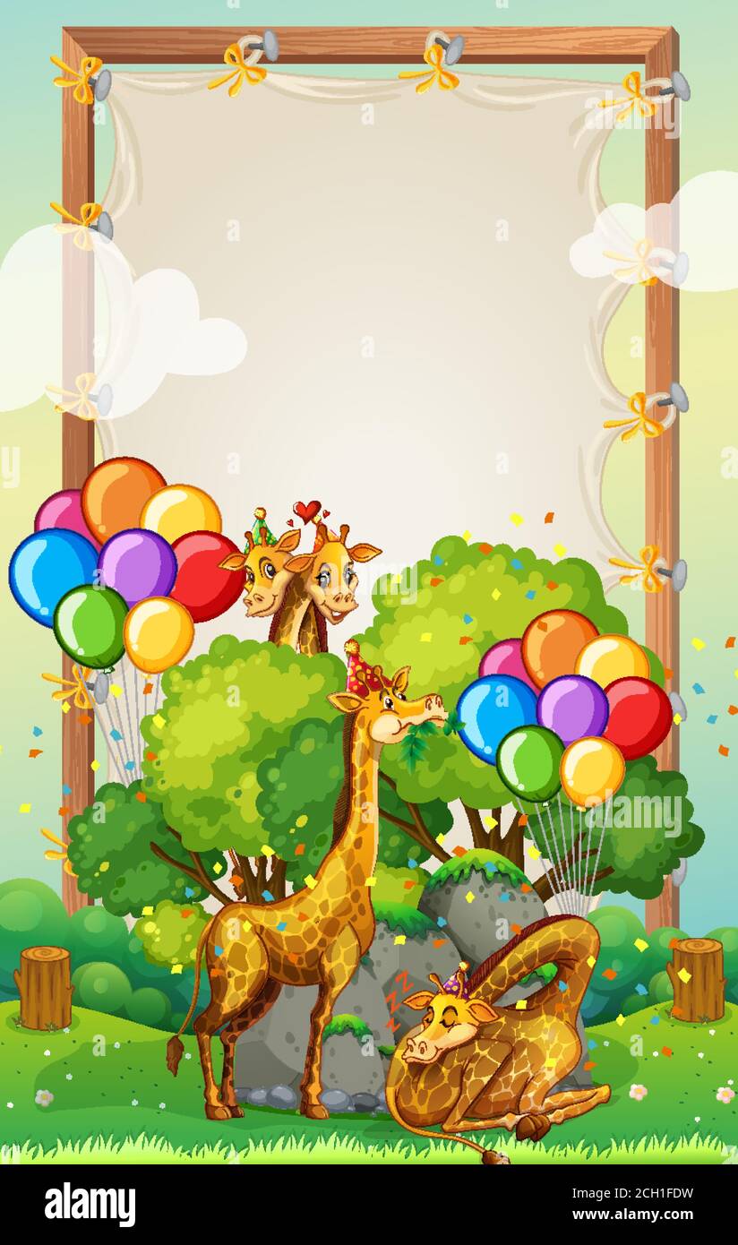 Canvas wooden frame template with giraffes in party theme on forest ...