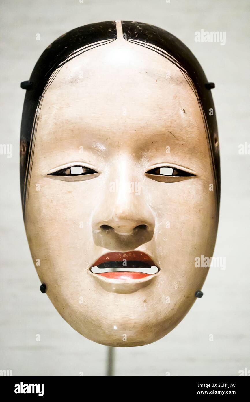 Female mask for Noh drama (Zo-onna) by Norinari (1700-1800) Wood, gesso (white paint mixture), colour Stock Photo