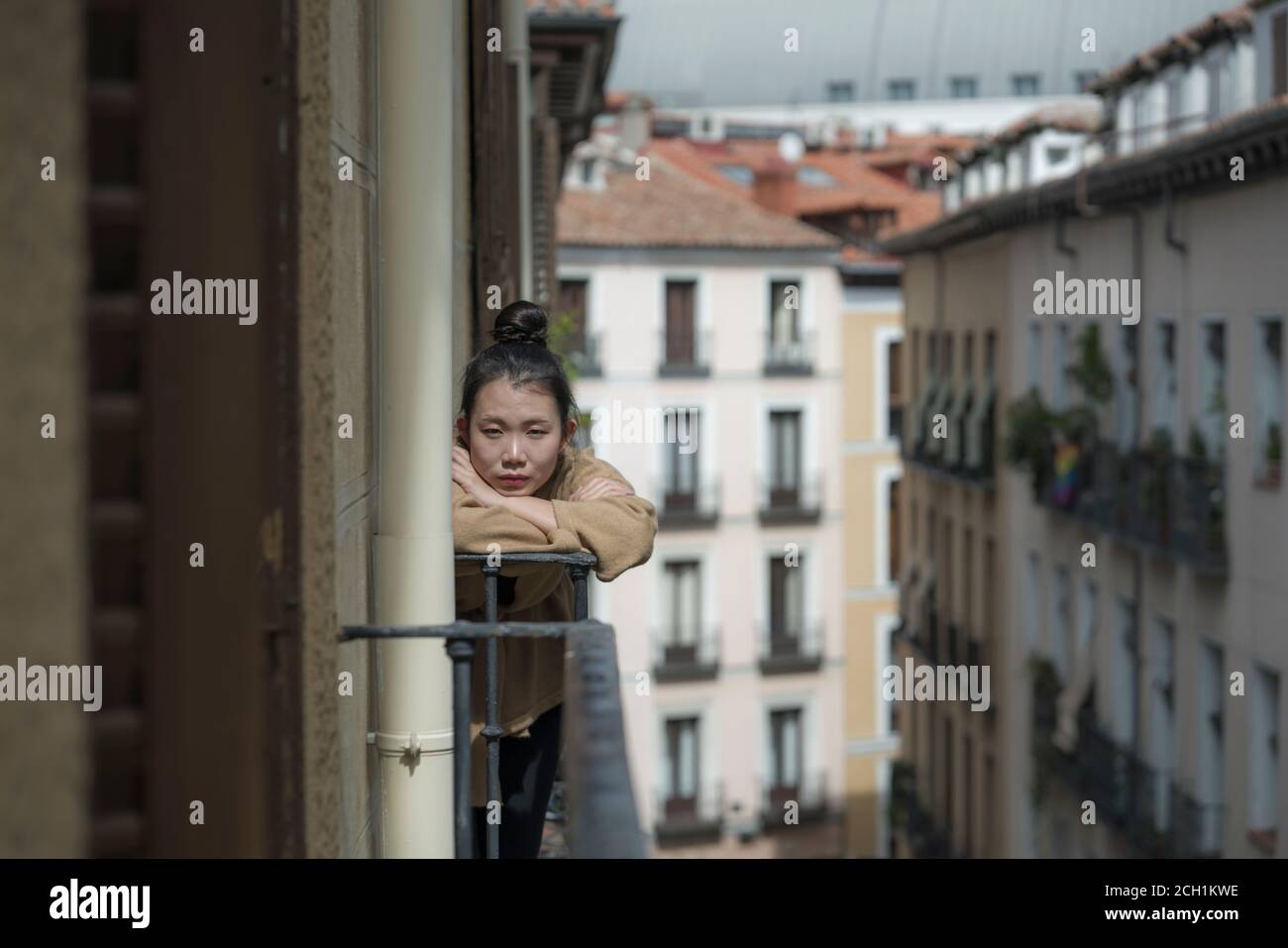 dramatic portrait of young beautiful sad and depressed Asian Japanese woman feeling unhappy and worried suffering some problem going through depressio Stock Photo