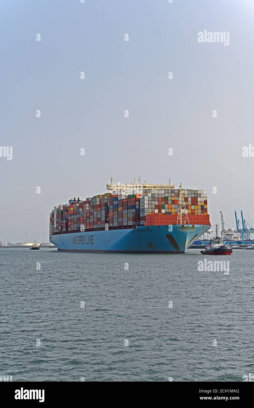 port of rotterdam, netherlands - 2020.09.11:  triple e class containership madrid maersk (imo# 9778791) at maasvlakte yangtzekanaal on her arrival app Stock Photo