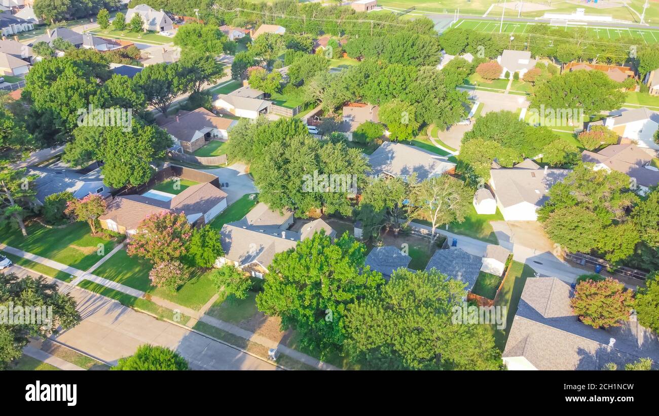 Bird eye view clean and peaceful neighborhood streets with row of