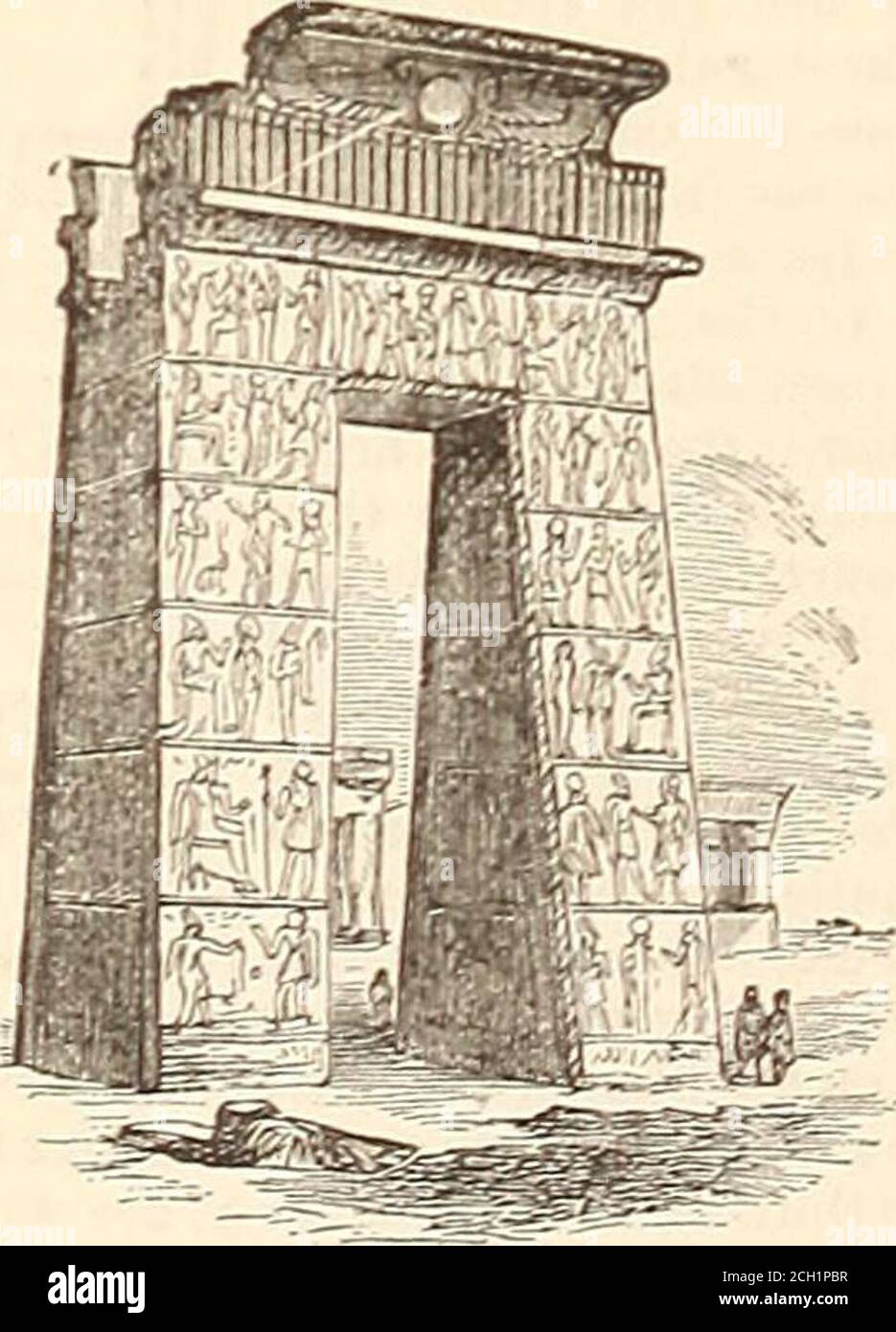 . A comprehensive dictionary of the Bible . Sculptured Gateway at Karnak.—From a photograph.—Ayre.) Luxor and Karnak, the latter being of itself acity of temples. The approach to Karnak fromthe S. is marked by a series of majestic gateways and towers, which were the appendages of latertimes to the original structure. The temple prop-erly faces the river, i. e. toward the N. W. Thecourts and propylaea connected with this structureoccupy a space nearly 1,800 feet square, and thebuildings represent almost every dynasty of Egypt,liiiin Soortasen I. to Itoleni) Euergetes I. Everything pertaining to Stock Photo