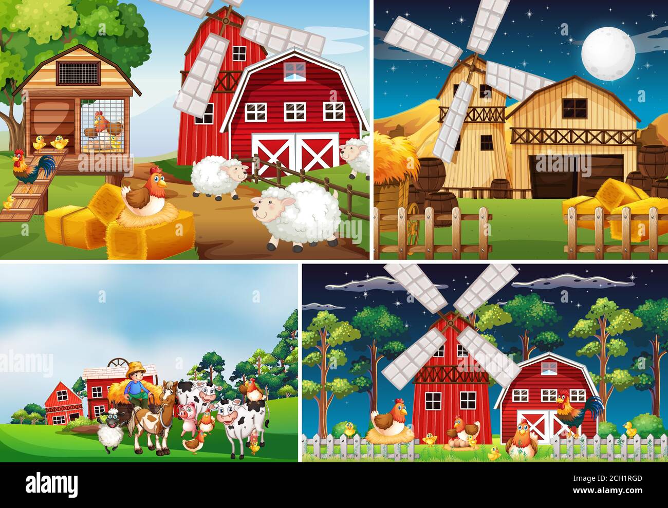 Set of different farm scenes with animal farm cartoon style ...