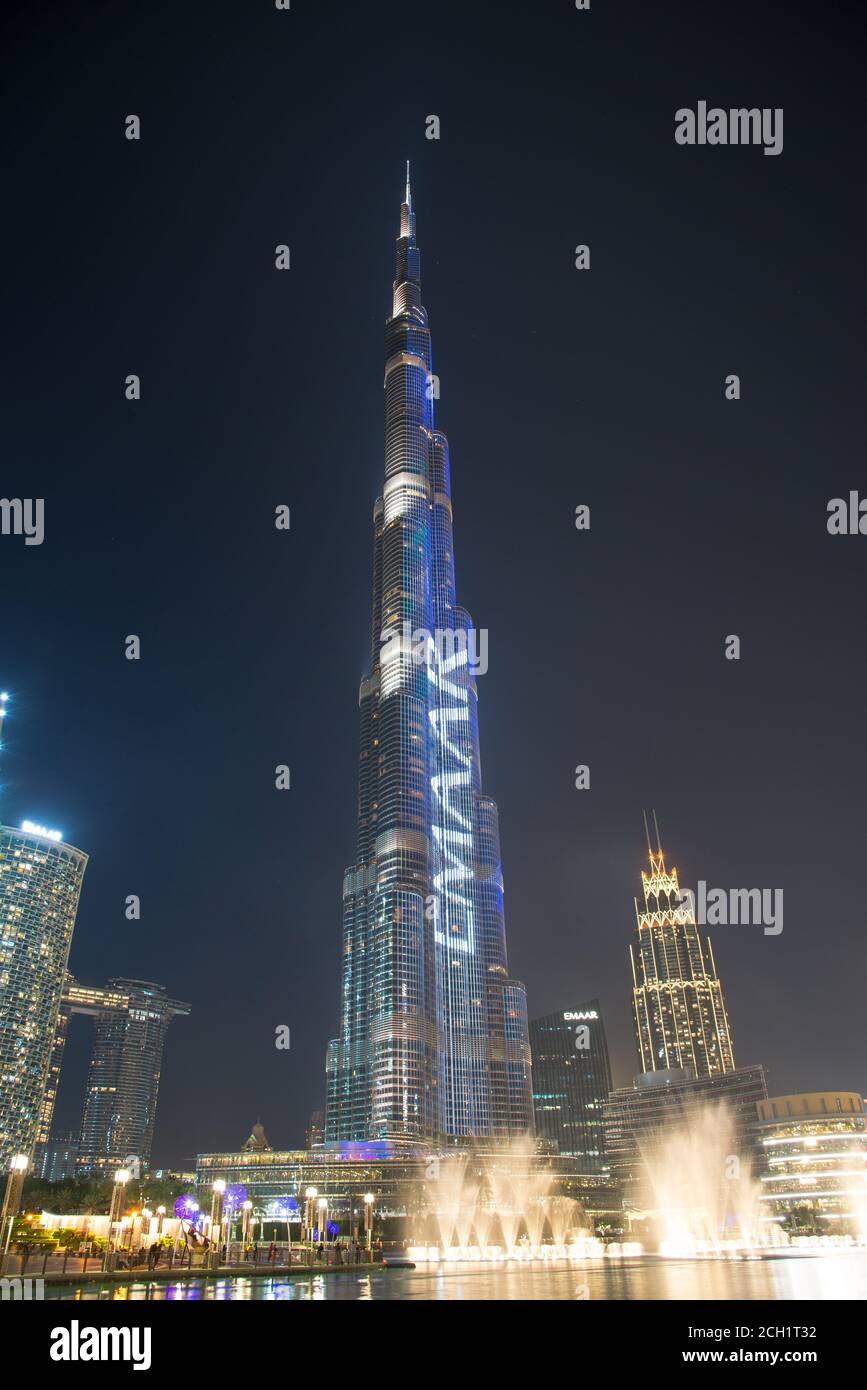 Dubai, UAE - November 13: Dubai Fountain is world largest choreographed fountain system set on Burj Khalifa Lake - 6600 lights and 25 colored projecto Stock Photo