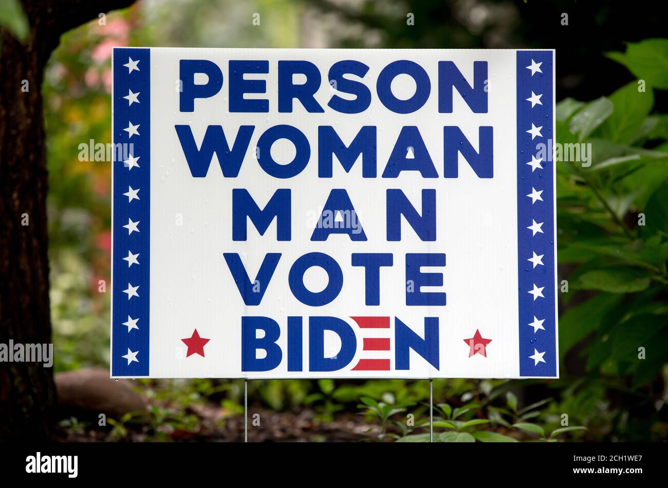 A 2020 US presidential yard sign for democrat Joe Biden.  The sign is a parody of a 2018 cognitive test taken by President Donald Trump which included Stock Photo