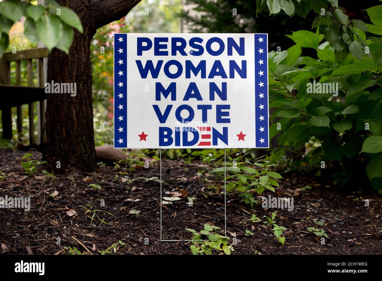 A 2020 US presidential yard sign for democrat Joe Biden.  The sign is a parody of a 2018 cognitive test taken by President Donald Trump which included Stock Photo