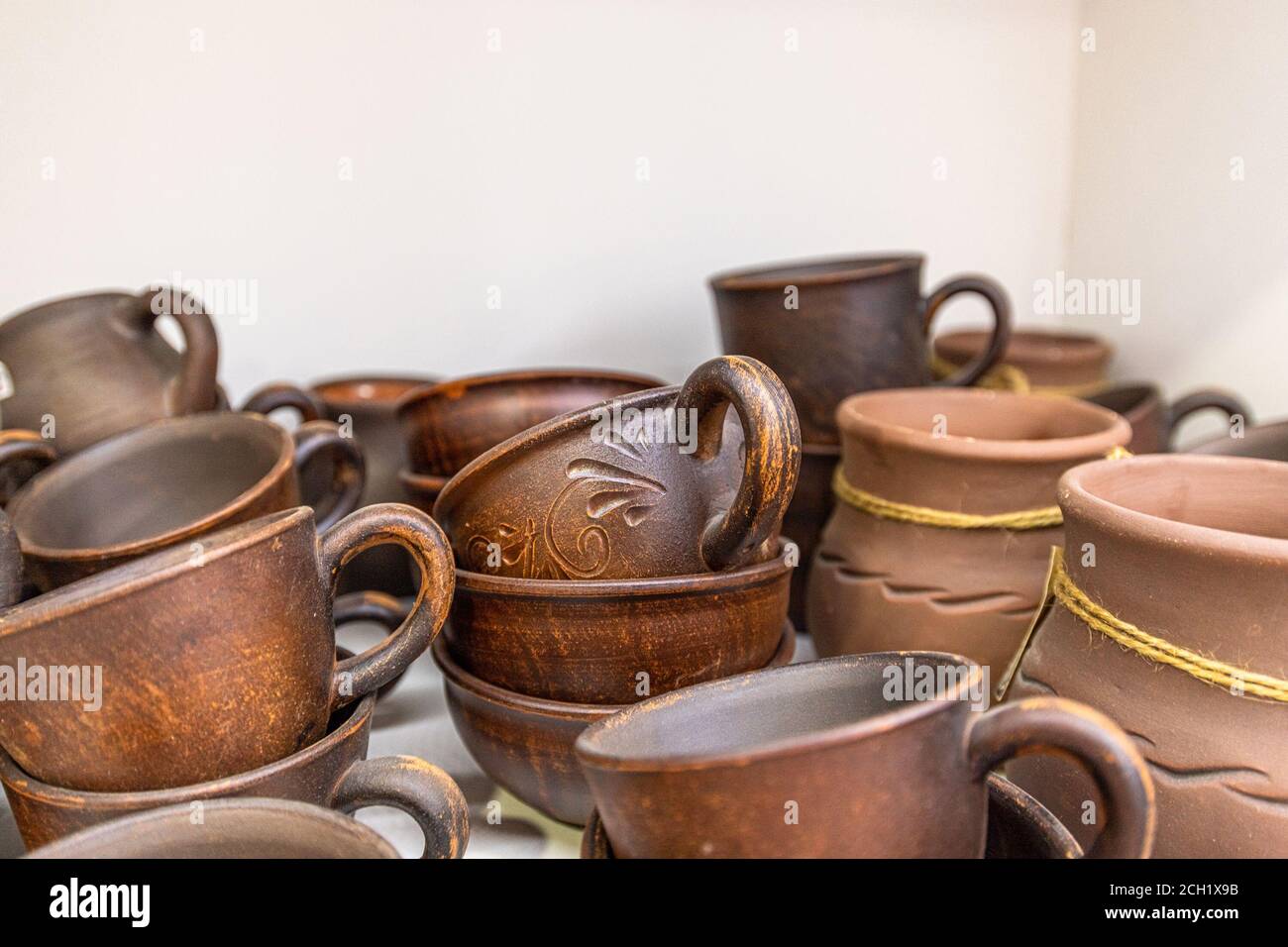 Traditional Tatar ceramic cups and jugs, Crimea Stock Photo