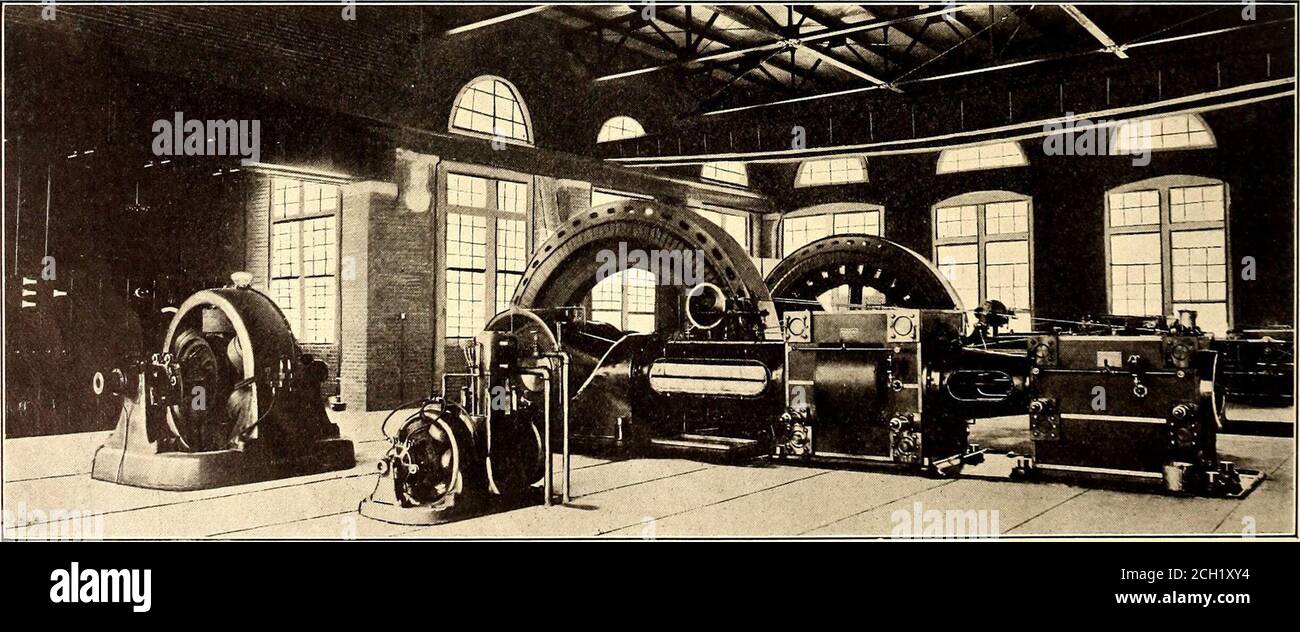 . The Street railway journal . k extends to a height of50 ft. from the foundation. ENGINES There are two tandemcompound Corliss type en-gines, built by the C. & G.Cooper Company. The cyl-inders are 22-in. and 40-in.x 42-in. stroke. They op-erate at 107 r. p. m. and arerated at 900-hp each. Steamis taken from beneath thefloor, and in addition to thethrottle valve, a butterflyvalve is placed in the steamline, operated by an auto-matic tripping device fromthe governor, which posi-tively shuts off the steamwhere the speed increasesbeyond a prearranged point.Each engine is direct con-nected to a 60 Stock Photo