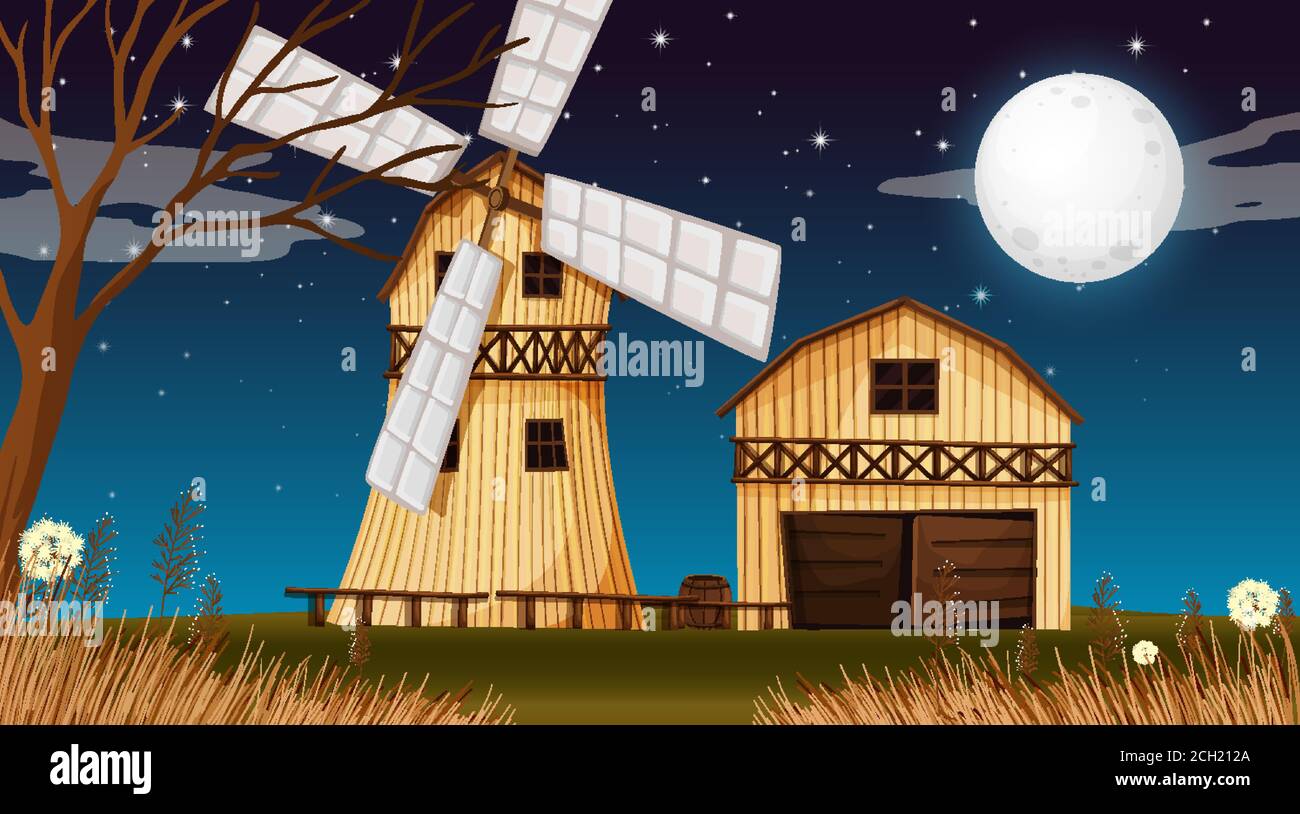 Farm scene with barn and windmill at night illustration Stock Vector ...