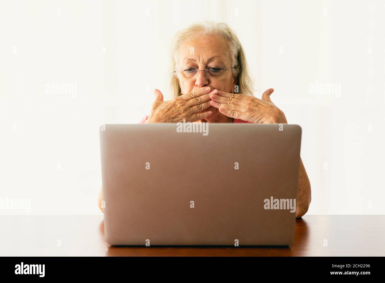 Senior woman using laptop and having an on-line conversation Stock Photo