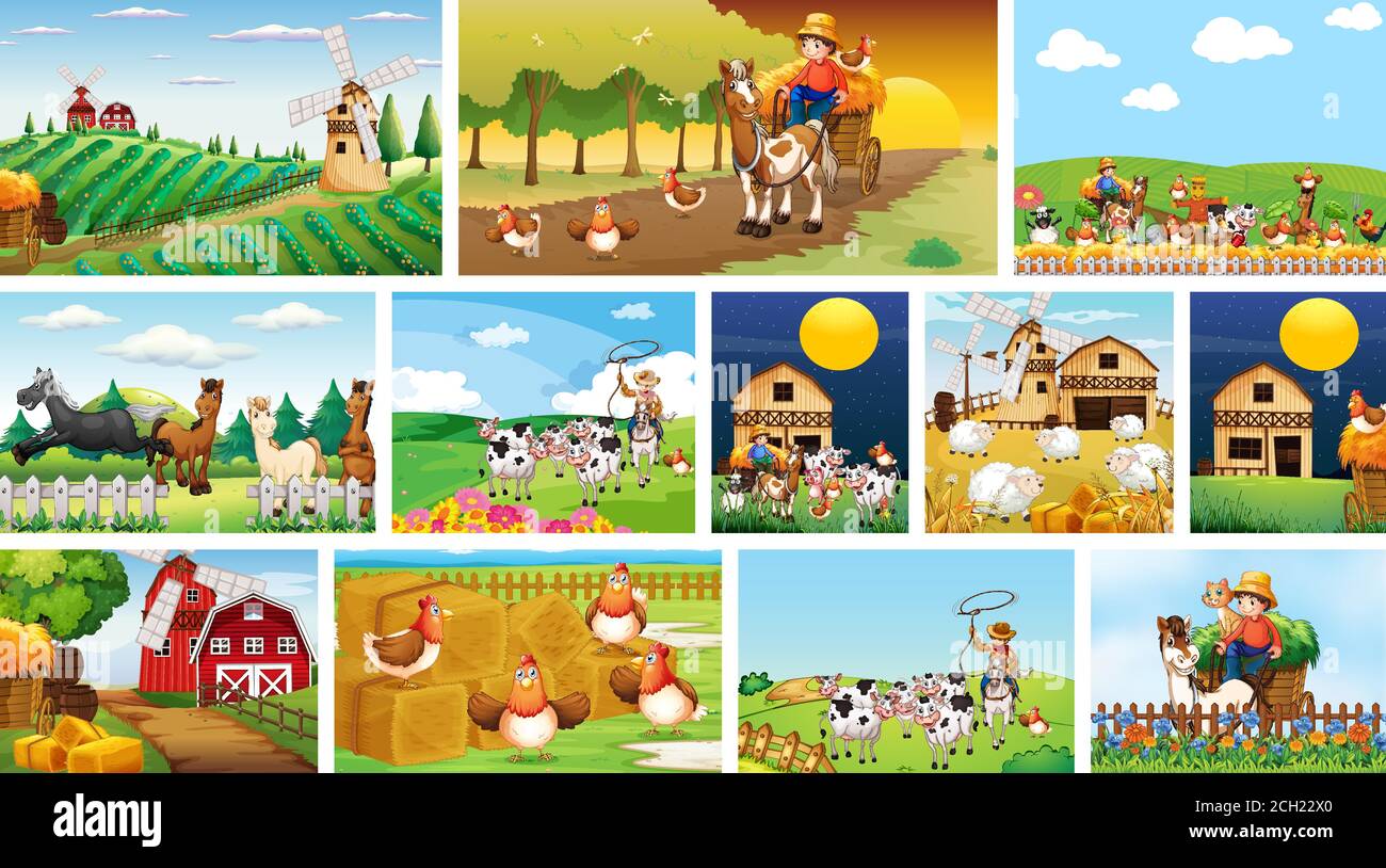 Set of different farm scenes with animal farm cartoon style ...