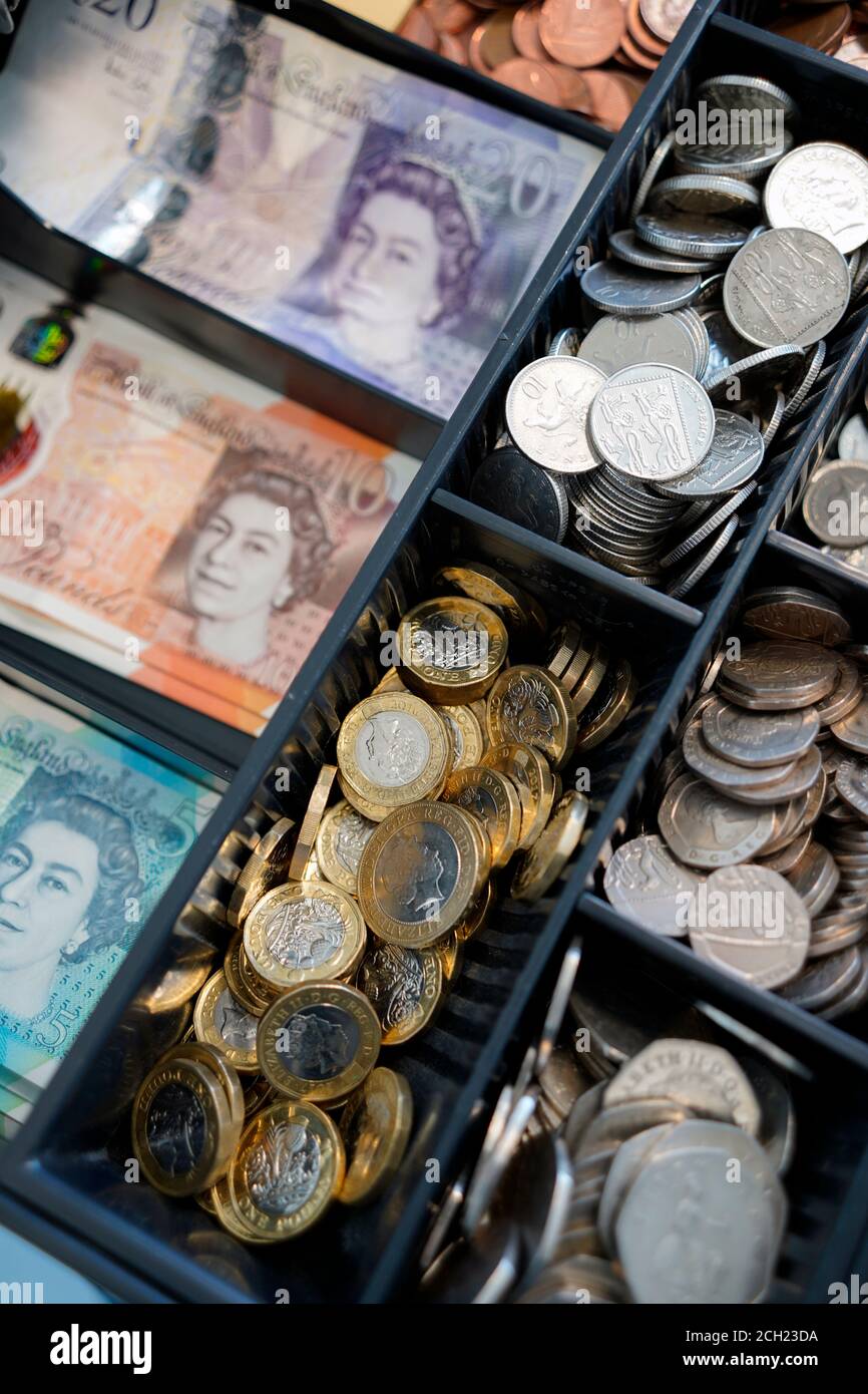 Tray of English currency Stock Photo