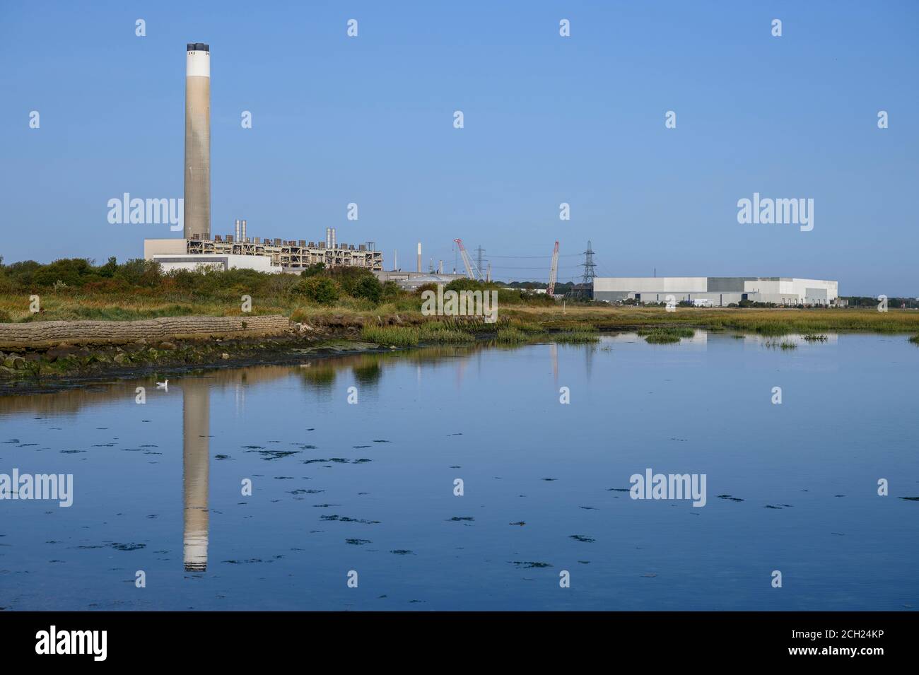 Fawley Power Station, Fawley, Southampton, Hampshire, England, United Kingdom seen from Calshot Beach Stock Photo