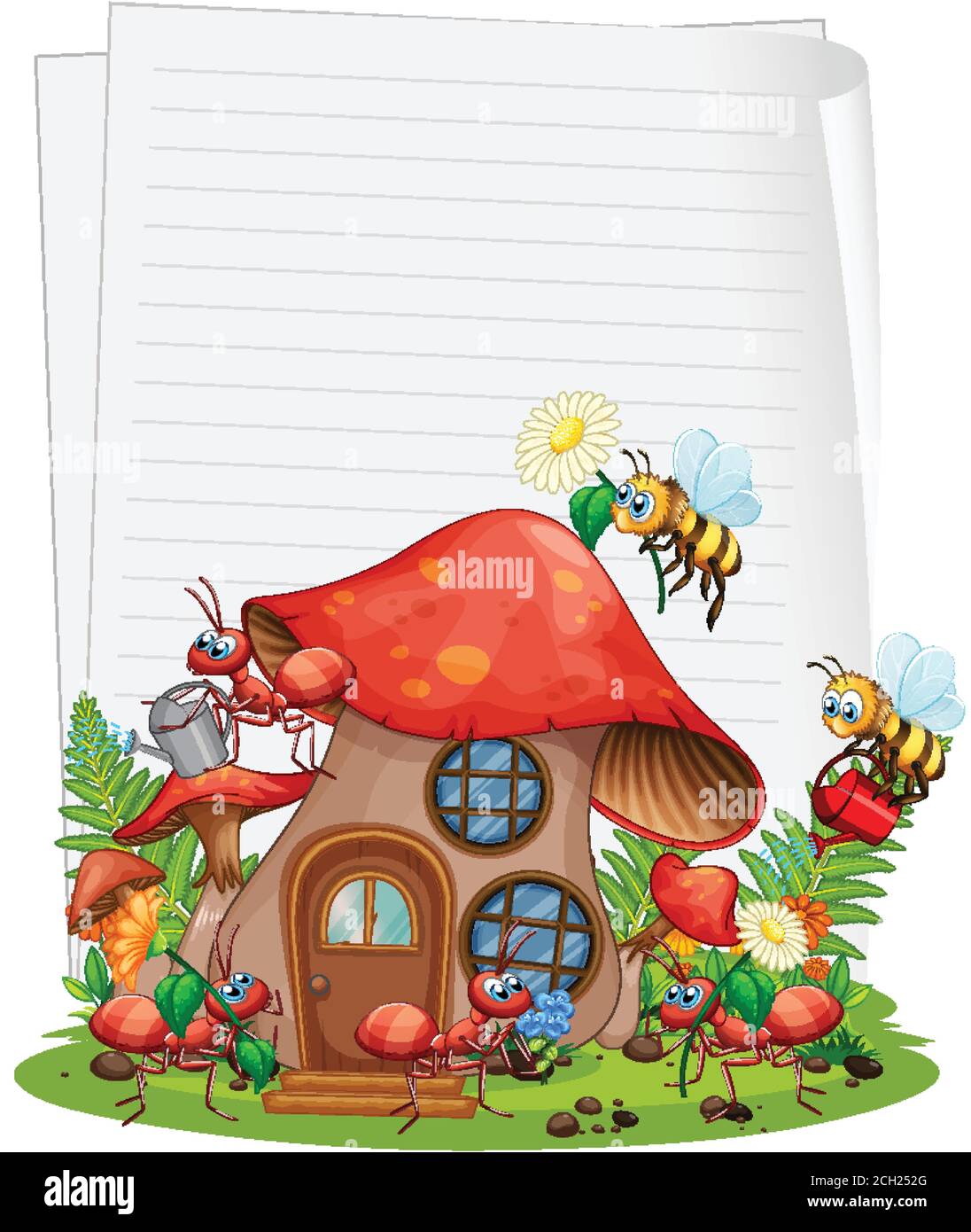 Blank paper with mushroom house and animal garden set isolated ...