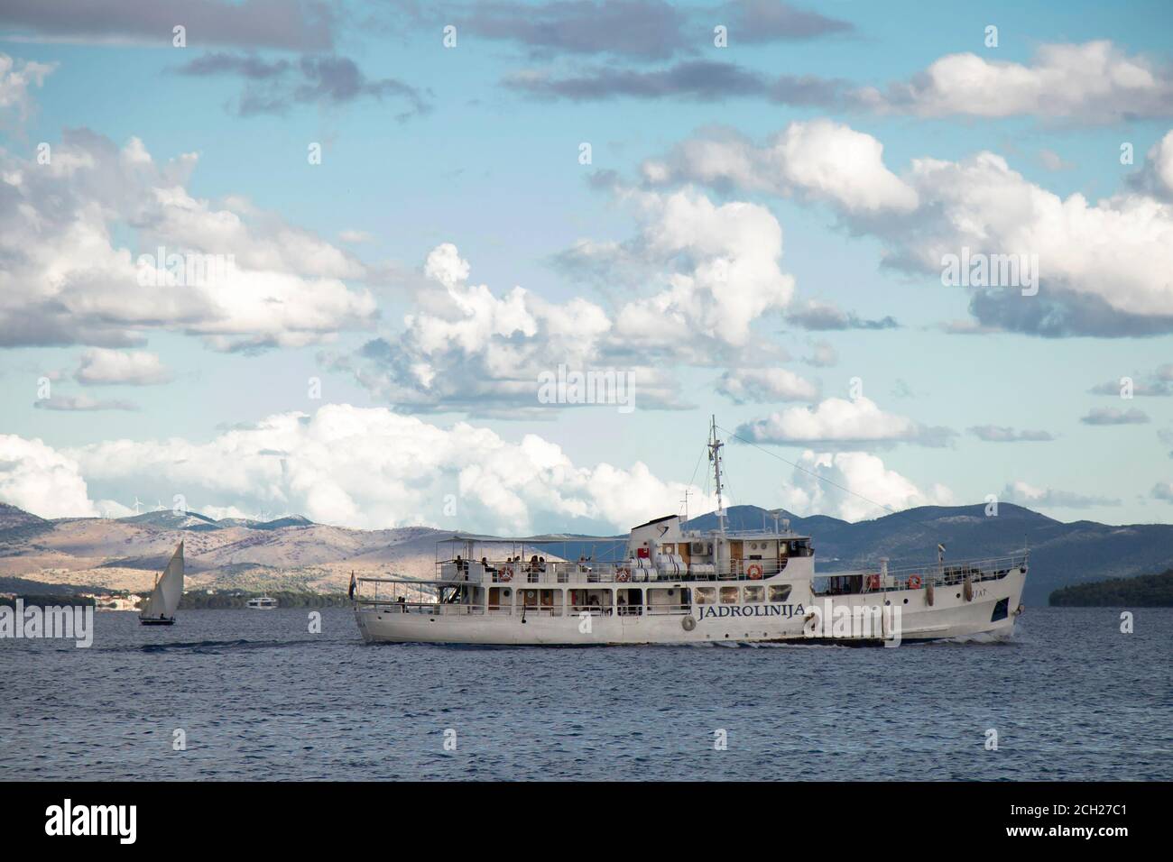 Vodice, Croatia - September 1, 2020: Small ship Tijat from Jadrolinija in Adriatic sea, is operating daily between Sibenik and Vodice, with few stops Stock Photo
