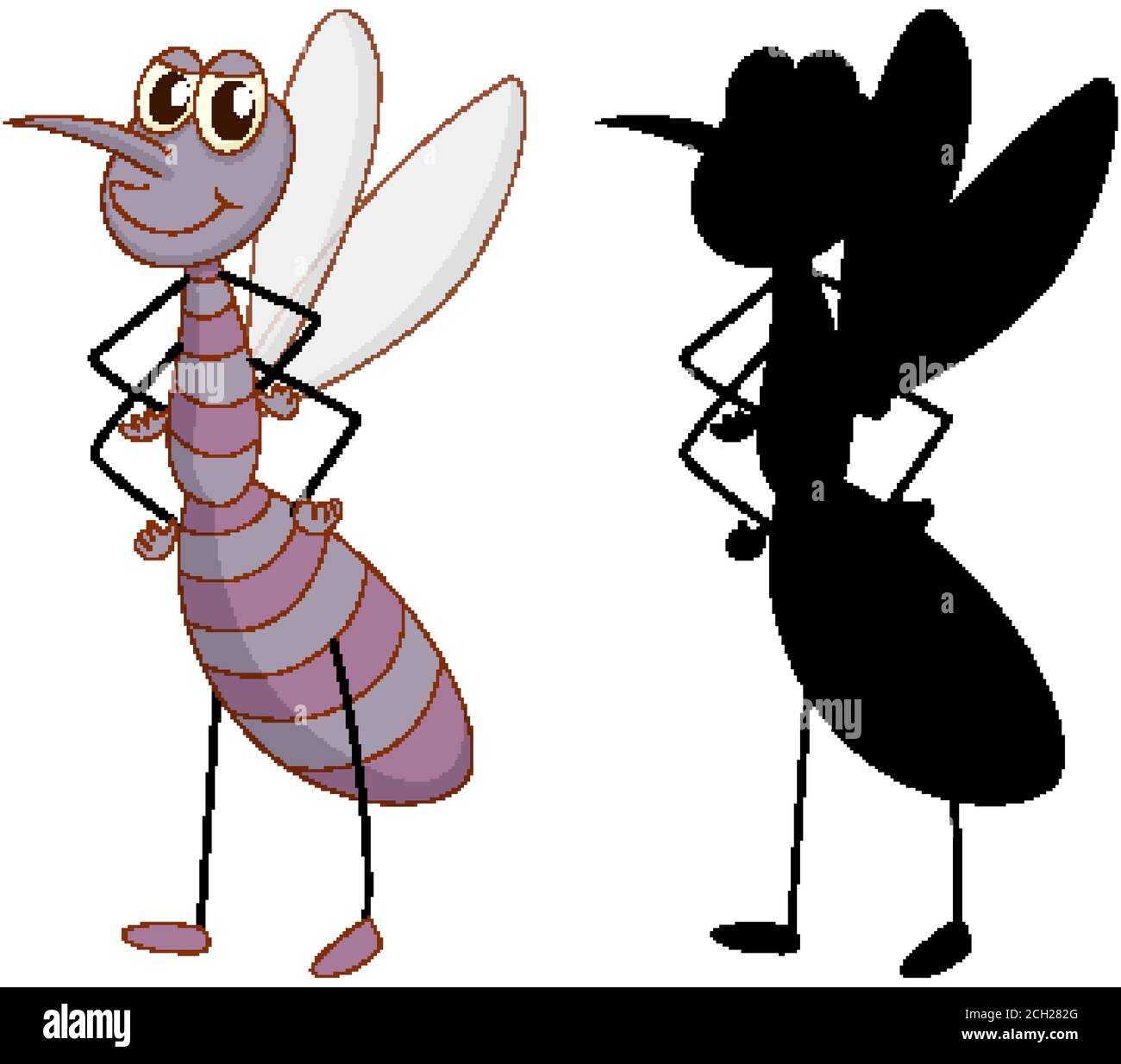 Set of insect cartoon character and its silhouette on white background ...