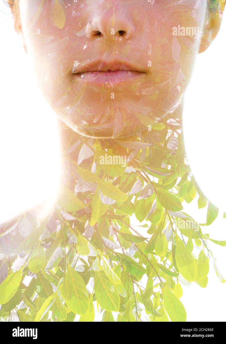 Young woman double exposure portrait with leaves Stock Photo - Alamy