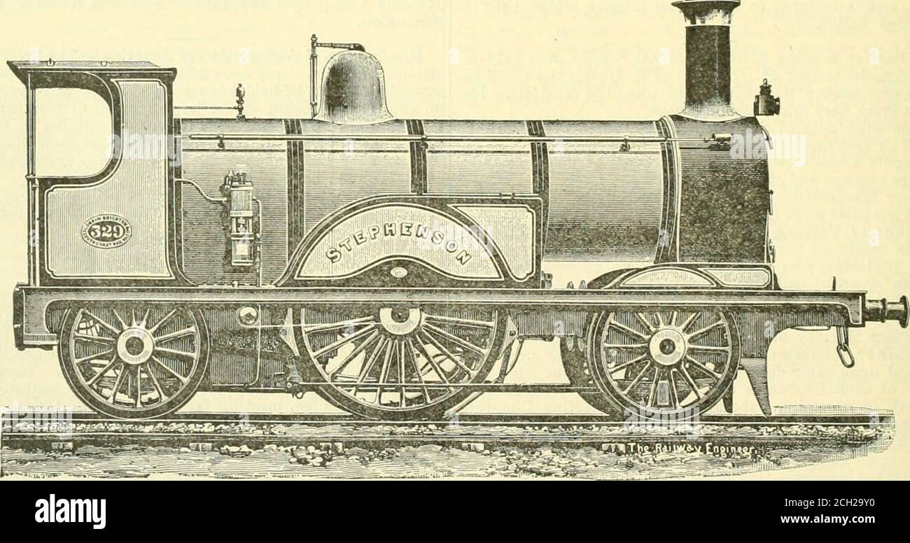 . American engineer and railroad journal . et iron, interlined withasbestos sheets to make the whole fireproof. The carriages are In this engine, designed by the late Mr. William Stroudley, theolder style of English construction has been closely adhered to. The engine is carried on six wheels, having a single pair ofdrivers. The leading and trailing wheels are 54 in. and thedriving wheels. 78 in. in diameter. The cylinders, which are17 in. in diameter and 24 in. stroke, are placed inside. Thesteam ports are 15 X li in. and the exhaust ports 15 X 2l in.The valves have 3i in. ma.ximum travel, | Stock Photo