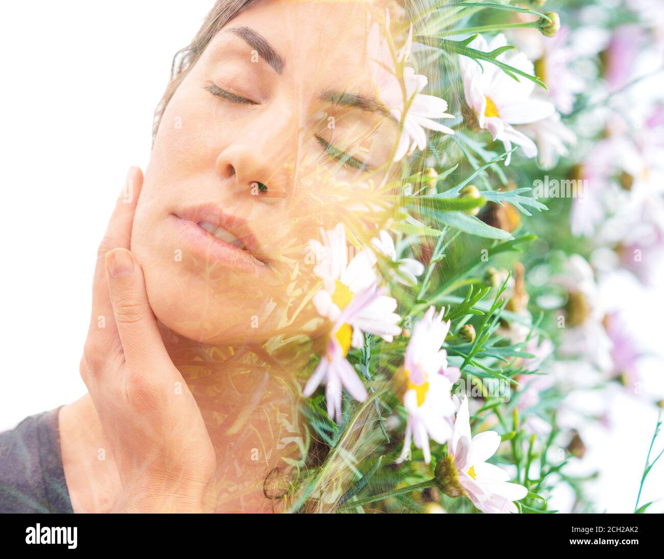 Young woman double exposure portrait with leaves Stock Photo - Alamy
