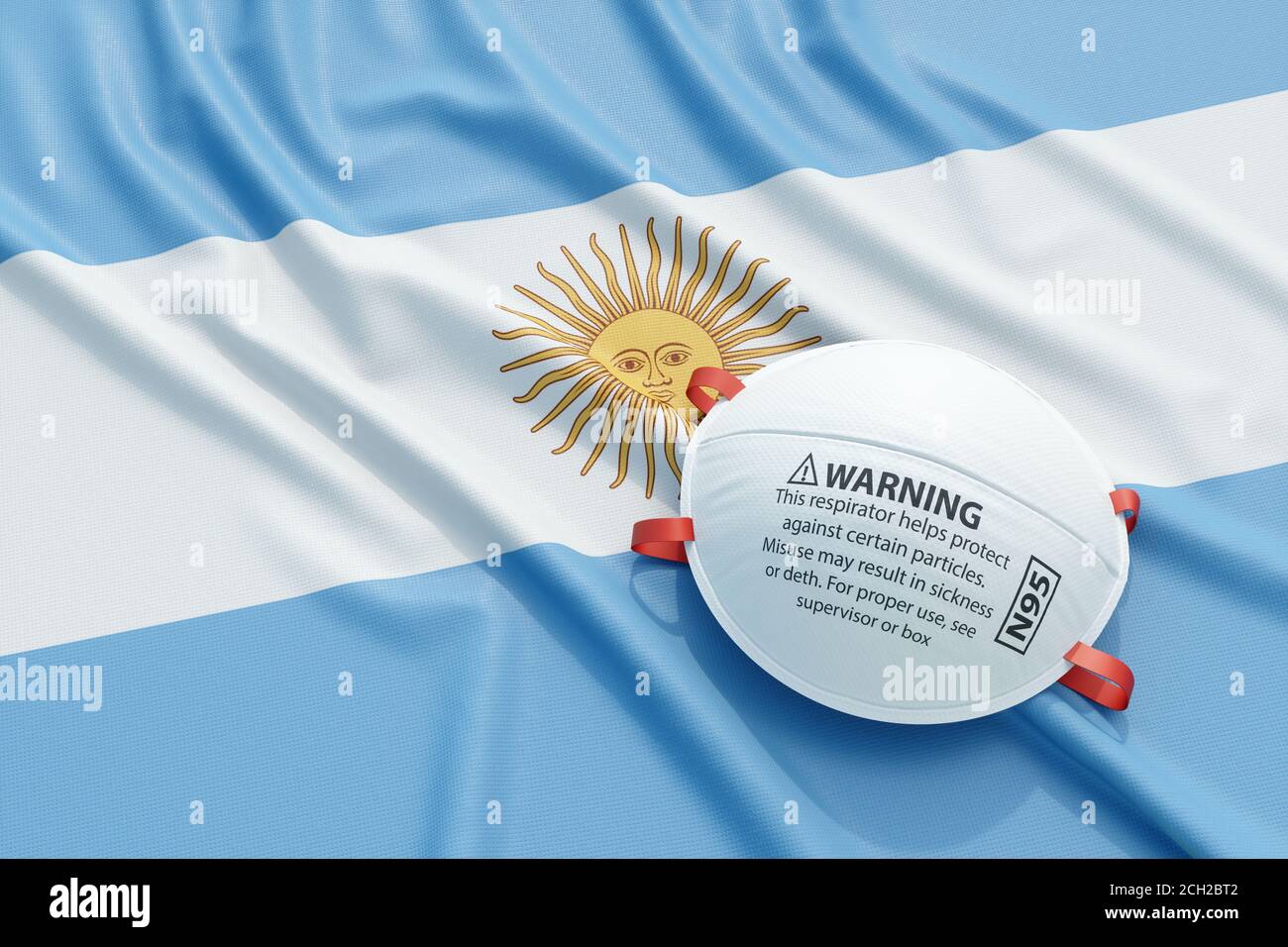 Coronavirus medical surgical face mask on the Argentinian national flag. Illness, pandemic, virus covid-19 in Argentina, concept 3d rendering illustra Stock Photo