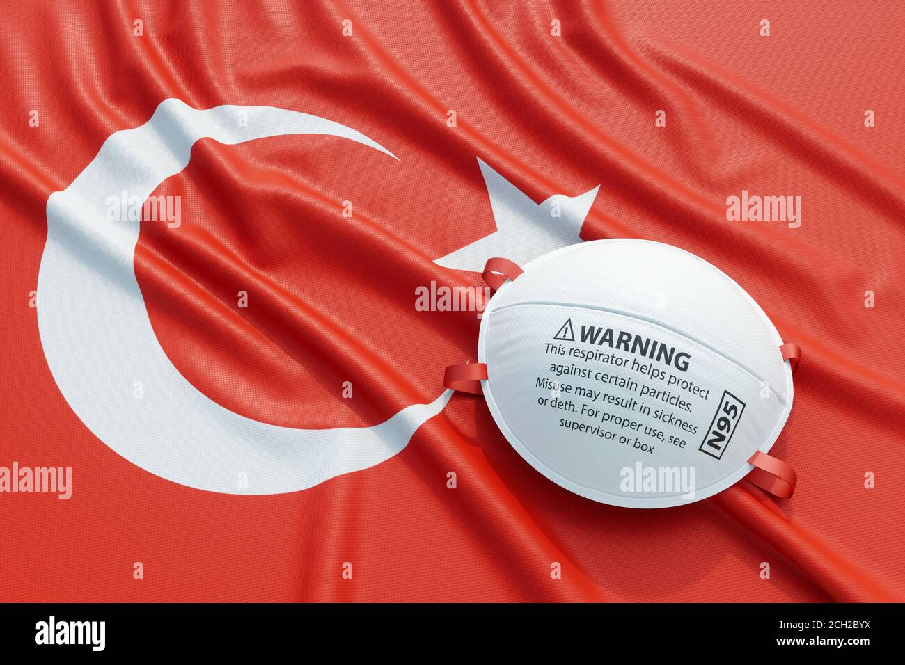 Coronavirus medical surgical face mask on the Turkish national flag. Illness, pandemic, virus covid-19 in Turkey, concept 3d rendering illustration Stock Photo