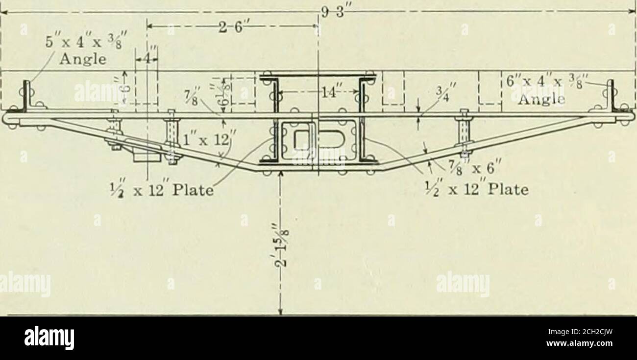 . American engineer and railroad journal .    „.,A-l. SECTION OF STEEL UNDERFRAME. the truck at the dynamometer end of the car. This pinionmeshes with a 17 in. gear keyed to a short shaft on which iscarried a small bevel gear enclosed in tlie reversing box. Taisshaft and the other mechanism is carried in a frame supportedon the bronze bushing on the axle and a bracket extending outfrom the truck frame, as is shown in one of the illustrations.On the vertical driving shaft there are two bevel gears, bothin mesh with the one just mentioned and running free. Be-tween them there being a clutch to e Stock Photo
