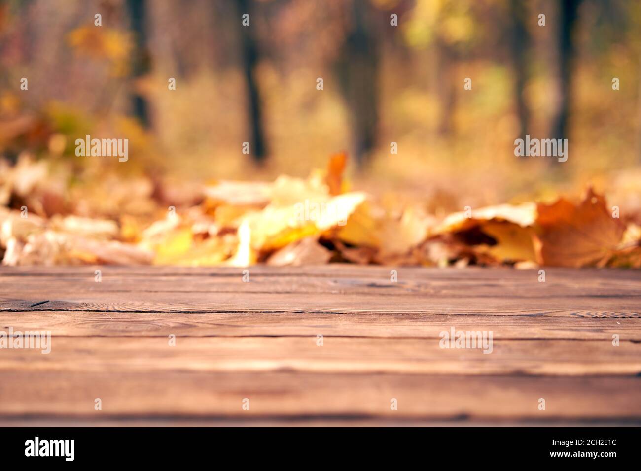 Empty wooden table autumn maple leaves nature bokeh background with a ...