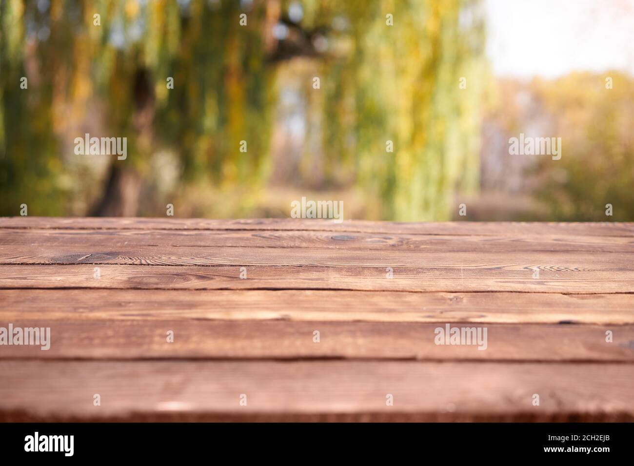 Empty wooden table nature bokeh background with a country outdoor theme ...