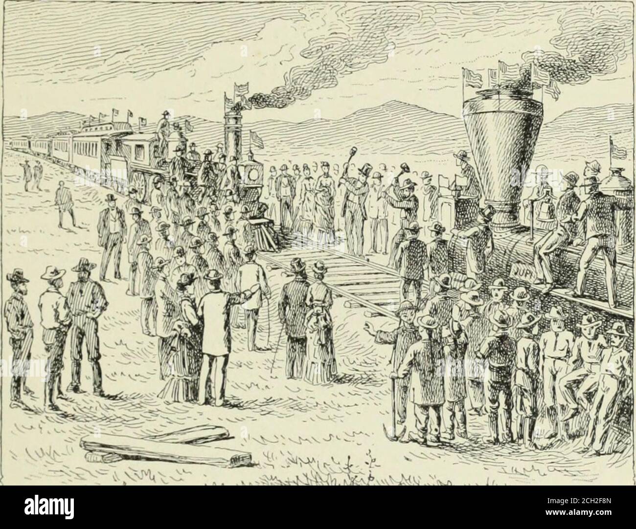 . Echoes from the Rocky Mountains : reminiscences and thrilling incidents of the romantic and golden age of the great West, with a graphic account of its discovery, settlement, and grand development . r Governor Stanford, the lastin fact as he had shoveled the first spadeful of earth in Sacramento inthe hour of doubt and uncertainty. It had been arranged by the superintendents of the telegraphlines that connection should be made with fire-alarm bells in all Amer-ican cities that possessed them, to be struck when the hammer drove ECHOES FROM TIIK ROCKY MOUNTAINS. 107 the last spike home,and ins Stock Photo