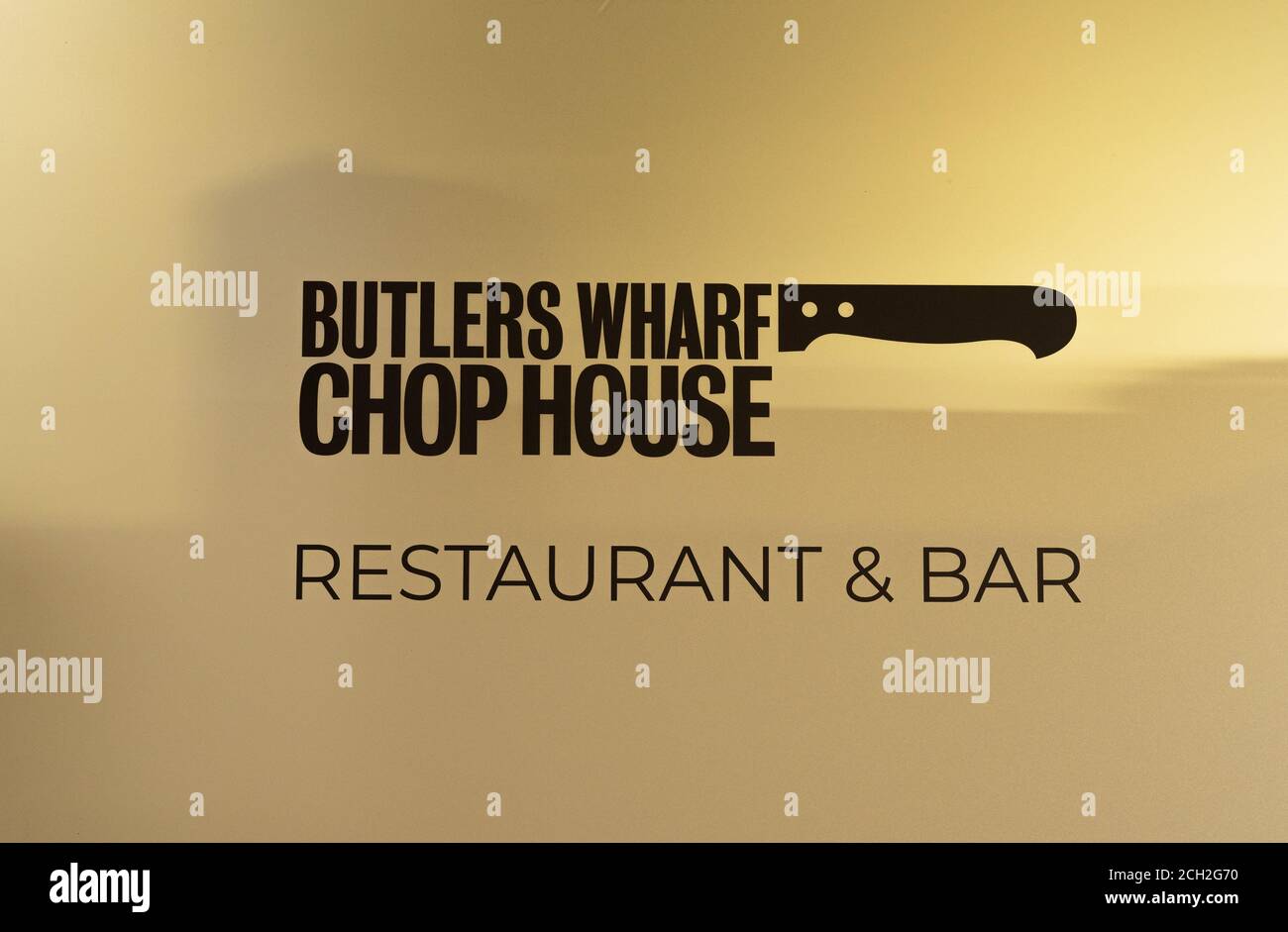 Butlers Wharf Chop House Restaurant and bar shop window sign. London Stock Photo